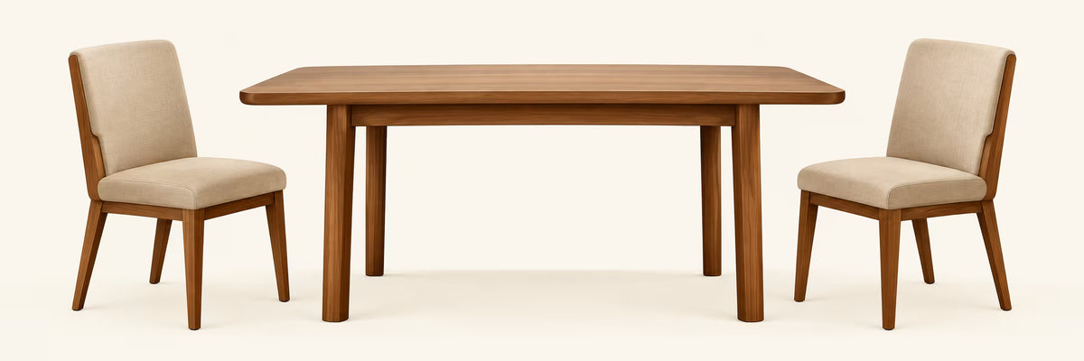 Dining table with a chair on each side and clearance marked to each wall