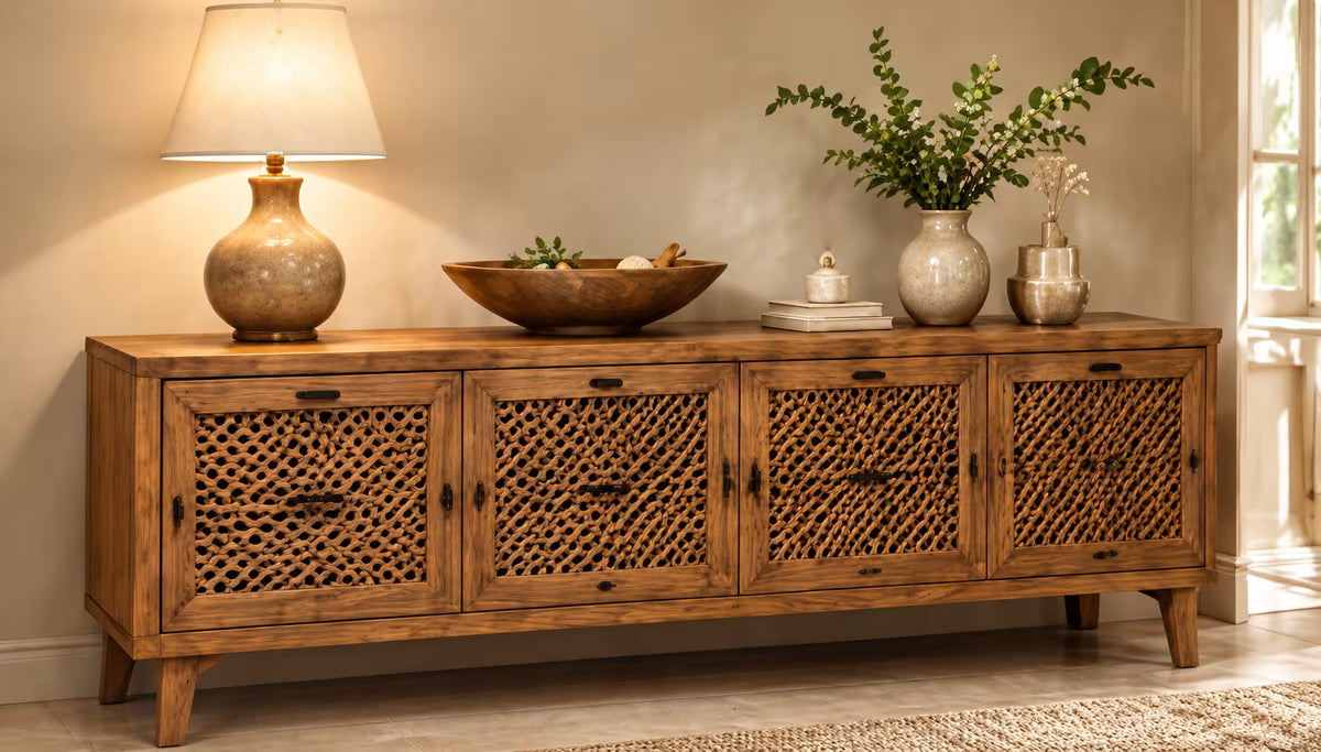 Carved solid wood sideboard with a lamp and decorative bowl