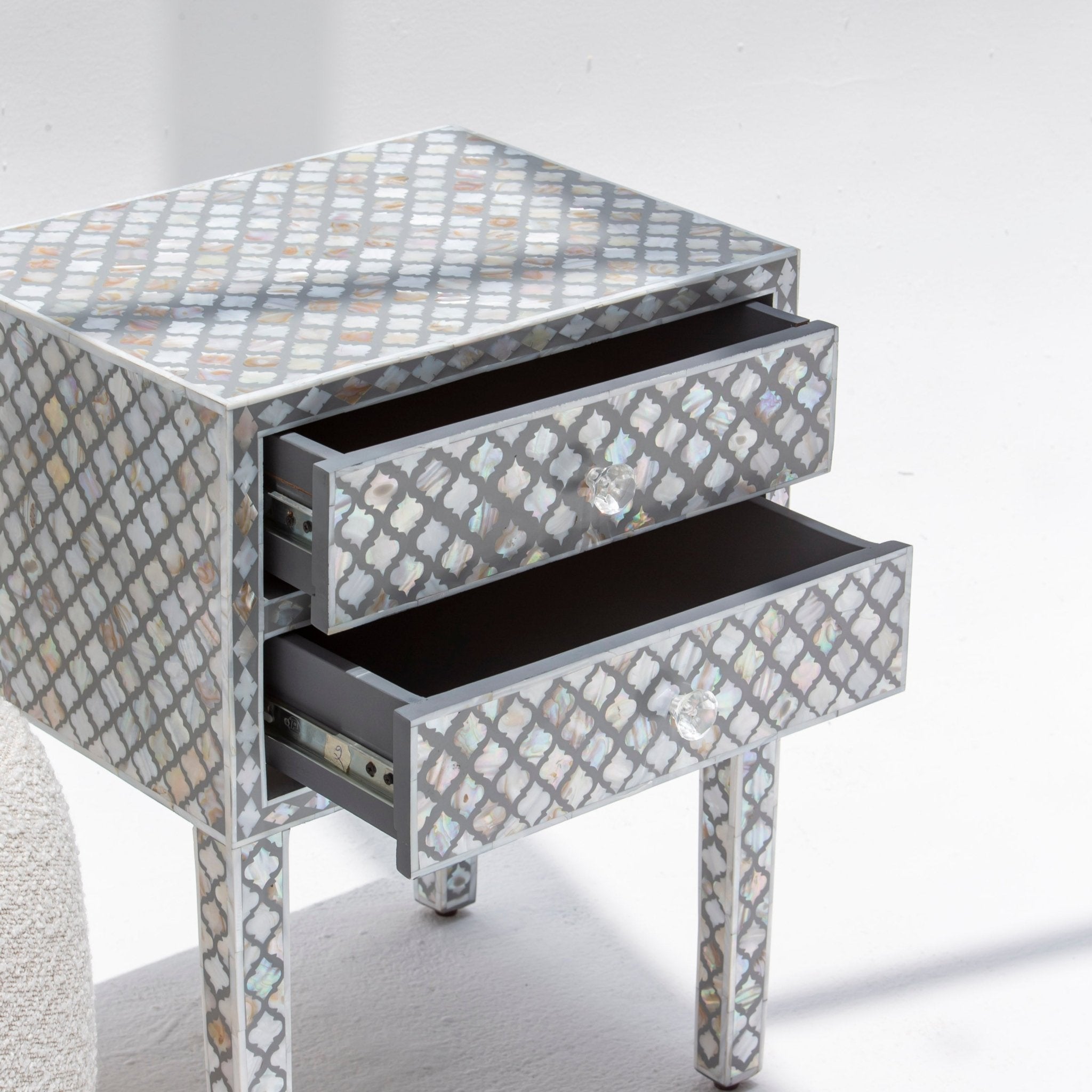 ARCTIC-GREY MOTHER OF PEARL TWO DRAWER BEDSIDE TABLE - Art and craft furniture