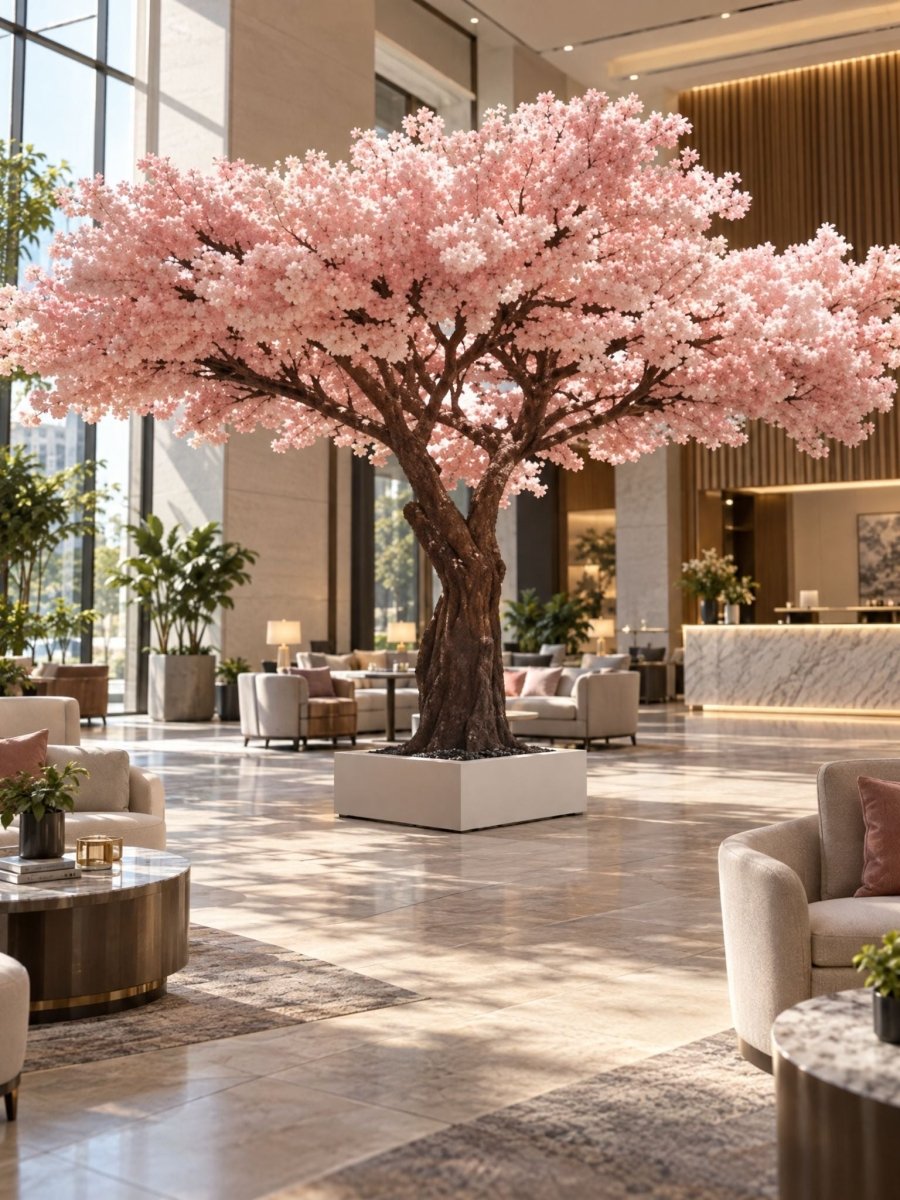 Artificial Fiber Trunk Cherry Blossom Flower Tree and White Pot - Art and craft furniture