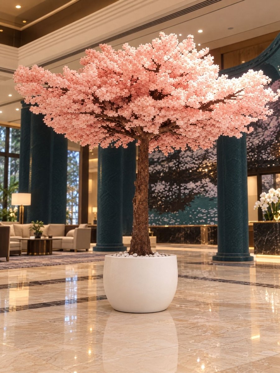 Artificial Fiber Trunk Cherry Blossom Flower Tree and White Pot - Art and craft furniture