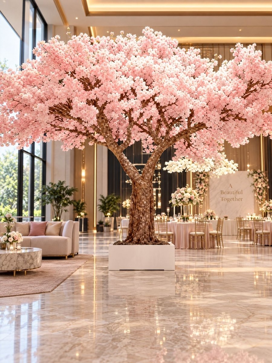 Artificial Fiber Trunk Cherry Blossom Flower Tree and white Pot - Art and craft furniture