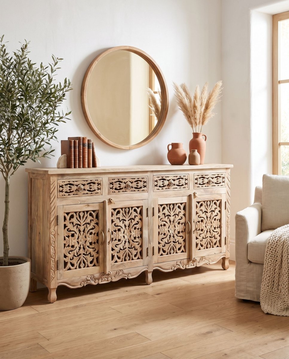 Arvena 4 Drawer 4 Door Mango Wood Sideboard Cabinet - Art and craft furniture