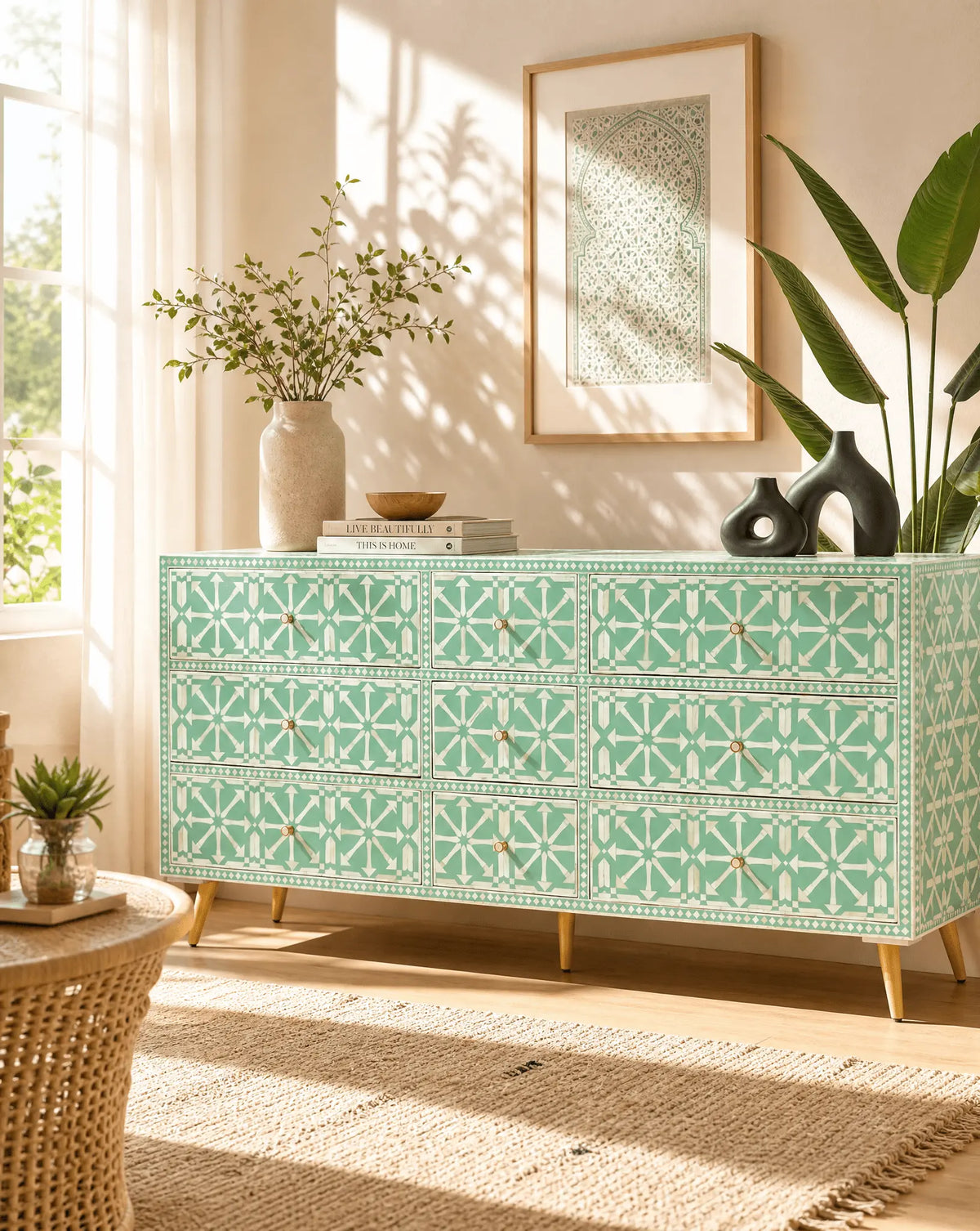 Aurelia Green Inlay Nine Drawer Drawchest - Art and craft furniture