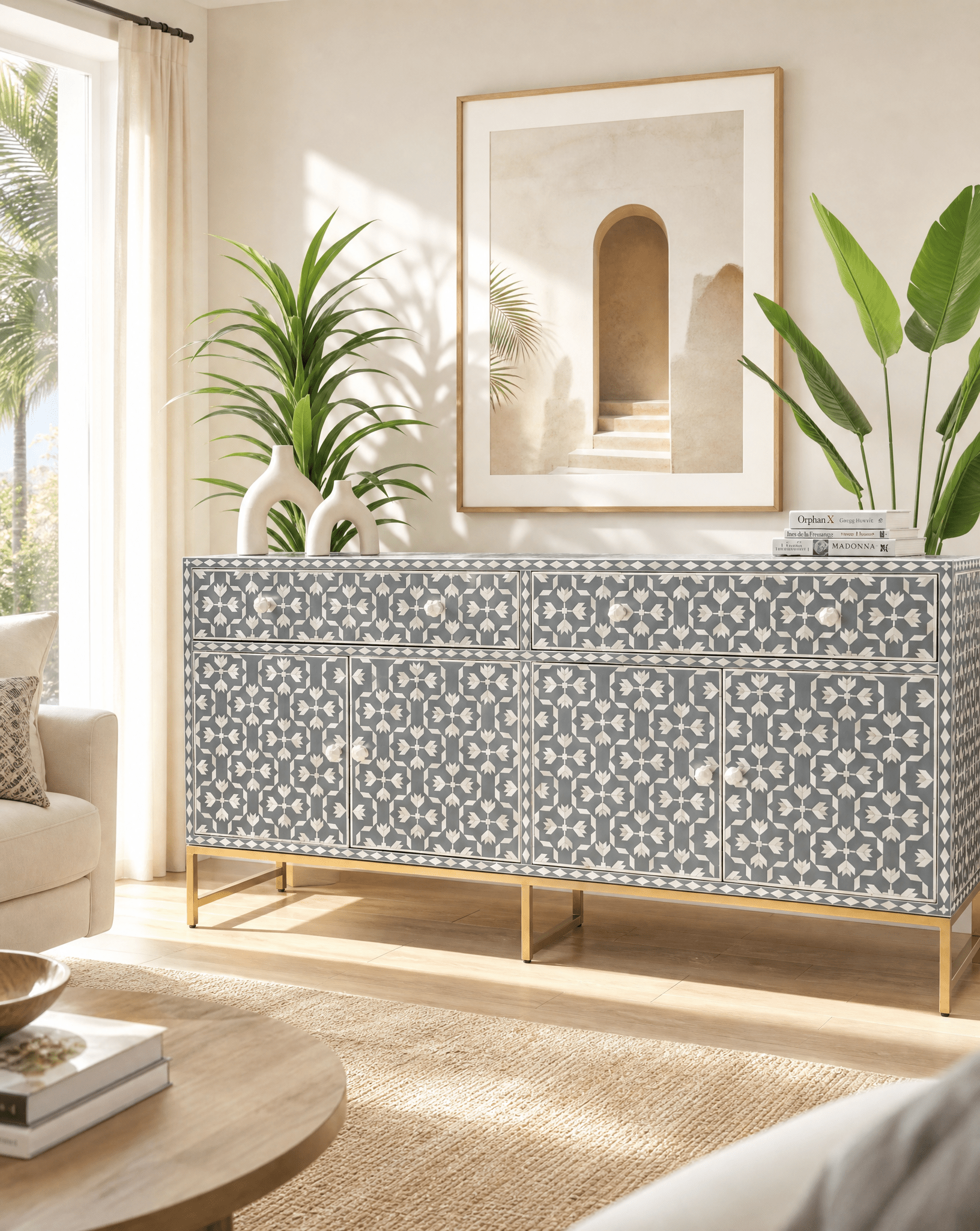 AURELIA-GREY INLAY FOUR DRAWER DOOR SIDEBOARD - Art and craft furniture