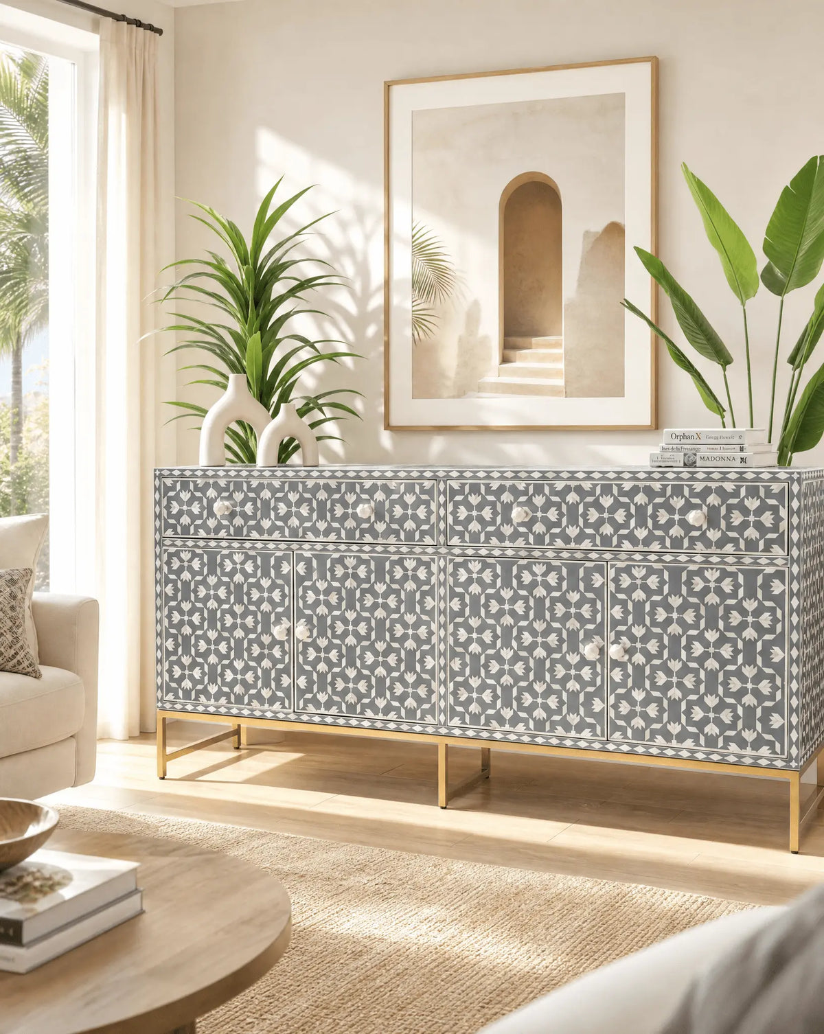 Aurelia Grey Inlay Four Drawer Door Sideboard - Art and craft furniture