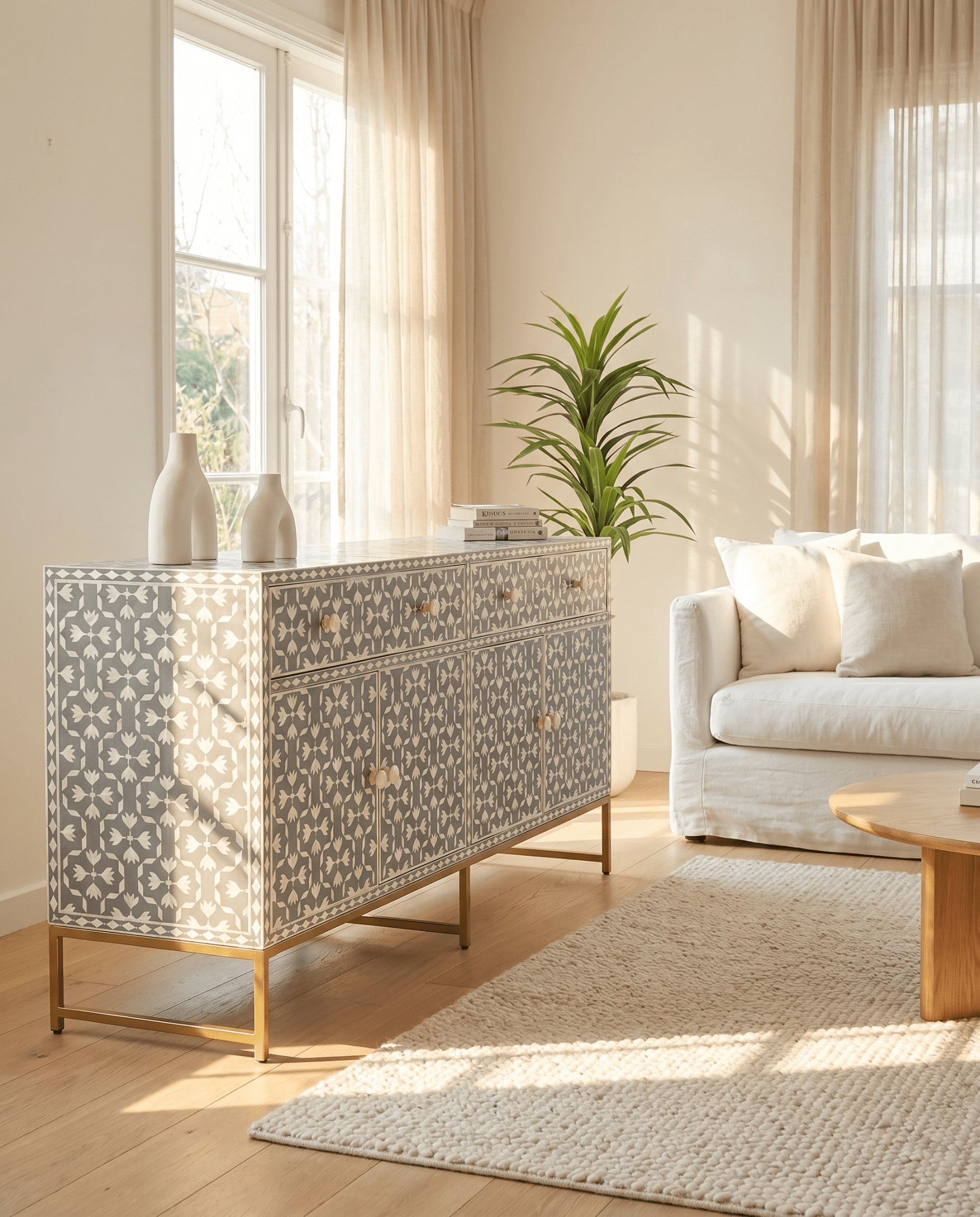 AURELIA-GREY INLAY FOUR DRAWER DOOR SIDEBOARD - Art and craft furniture