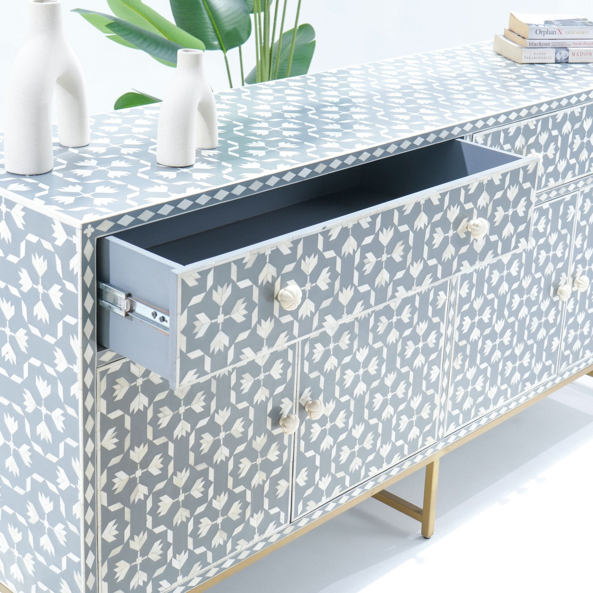 AURELIA-GREY INLAY FOUR DRAWER DOOR SIDEBOARD - Art and craft furniture