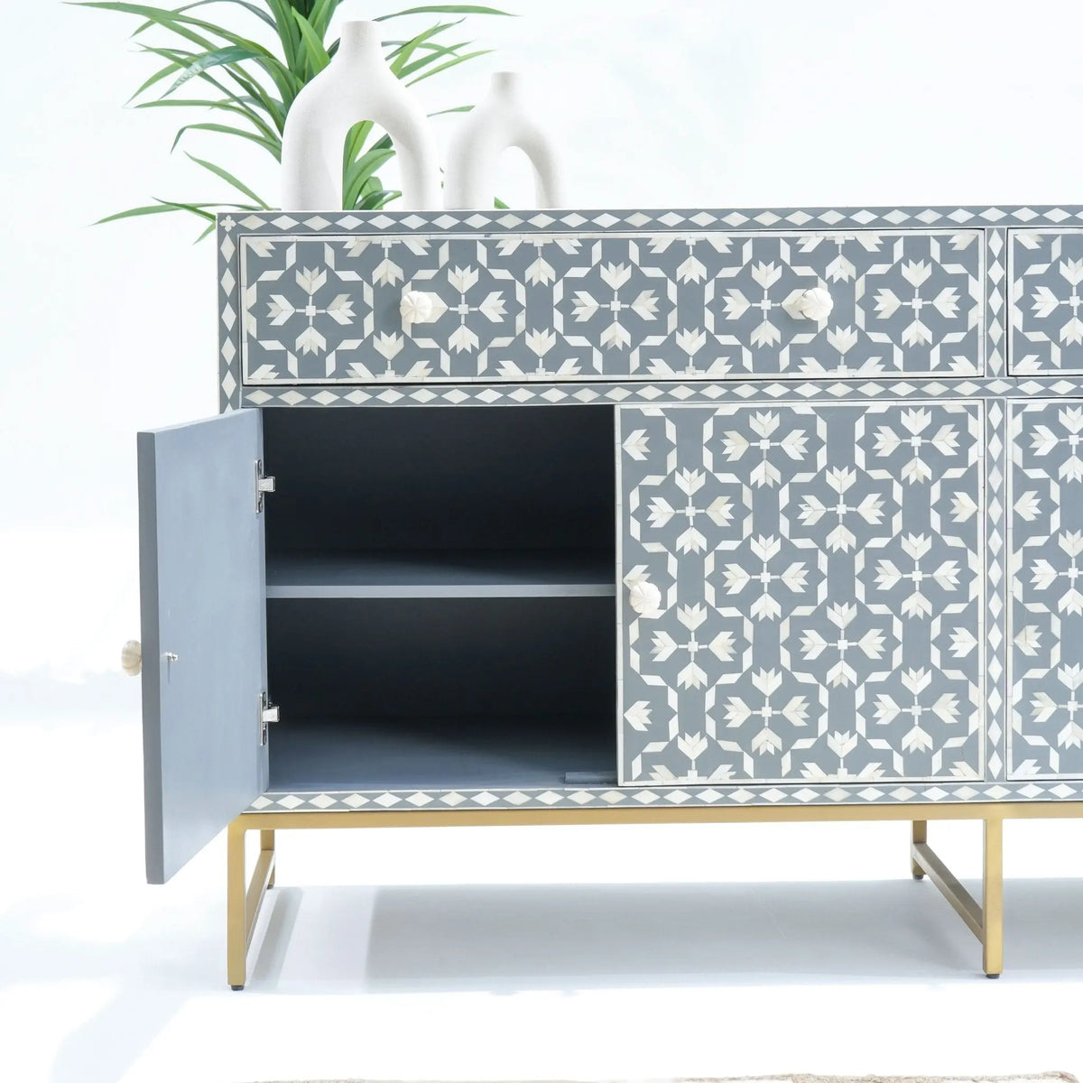 Aurelia Grey Inlay Four Drawer Door Sideboard - Art and craft furniture