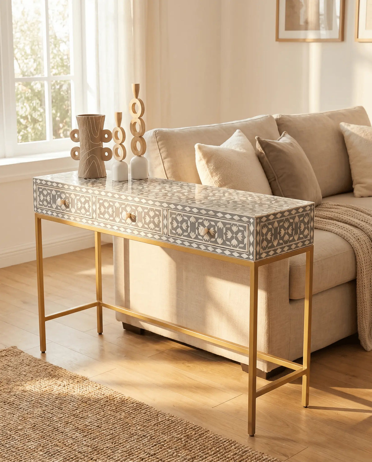 Aurelia-Grey Inlay Three Drawer Console Table - Art and craft furniture