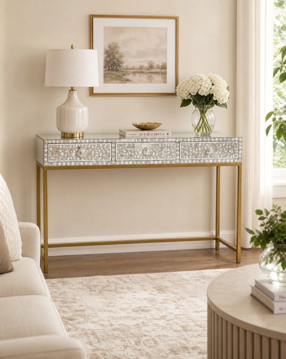 Aurelia Grey Mother of pearl Console Table - Art and craft furniture