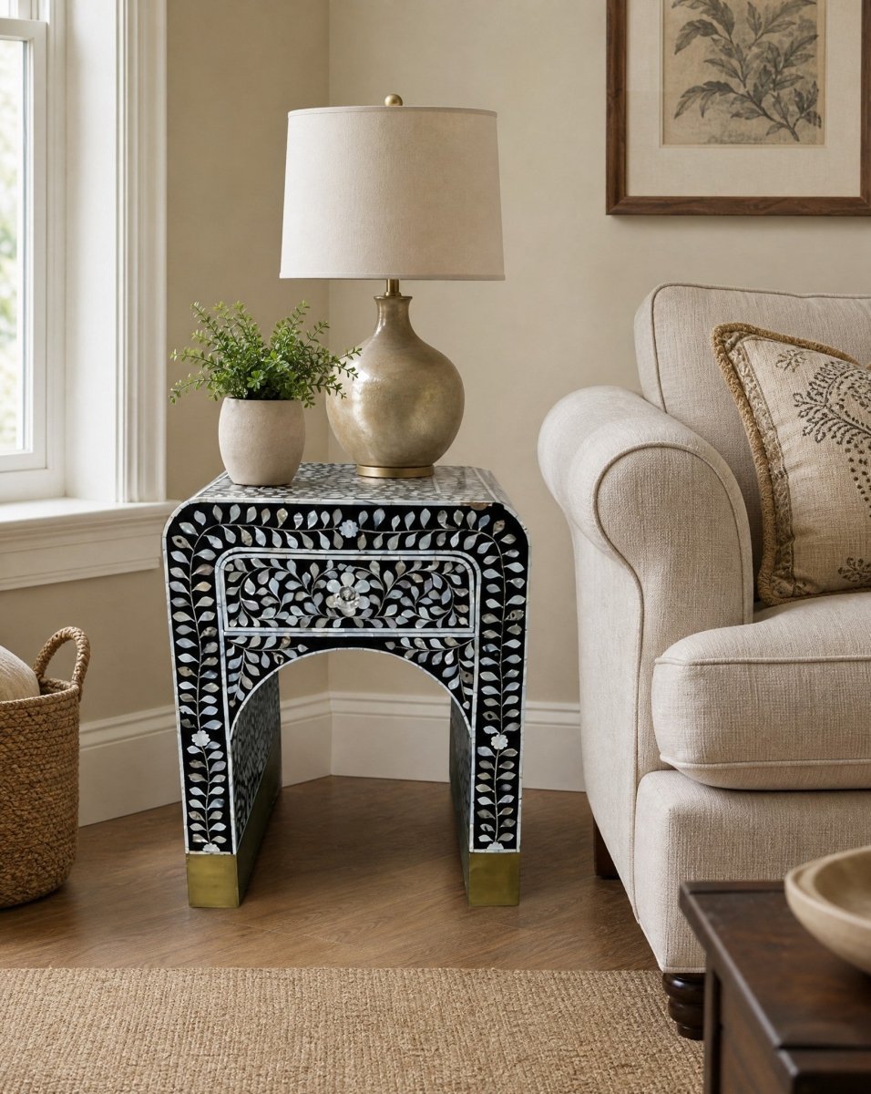 Azure Black Mother Of Pearl One Drawer Bedside Table - Art and craft furniture