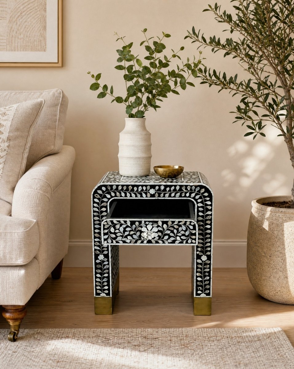 Azure Black Mother Of Pearl One Drawer Bedside Table - Art and craft furniture