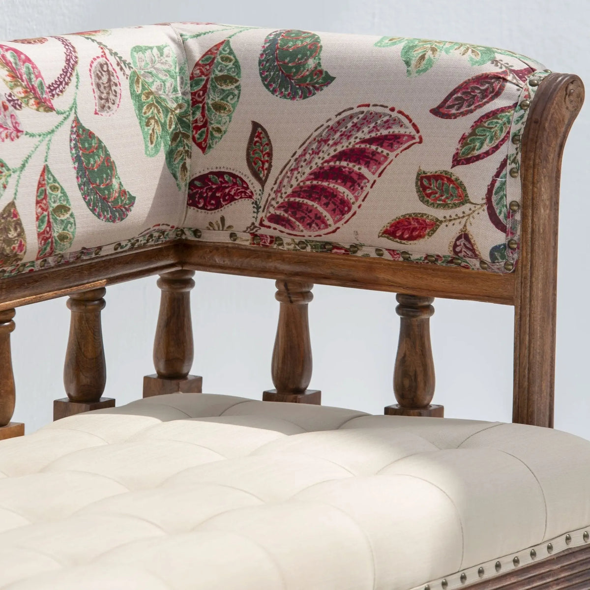 Barcelona Wooden Sofa Bench Handprinted Fabric Back - Art and craft furniture