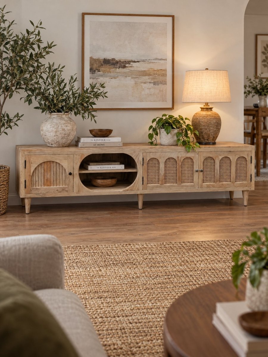 Canova Mango Wood Rattan TV Stand - Art and craft furniture