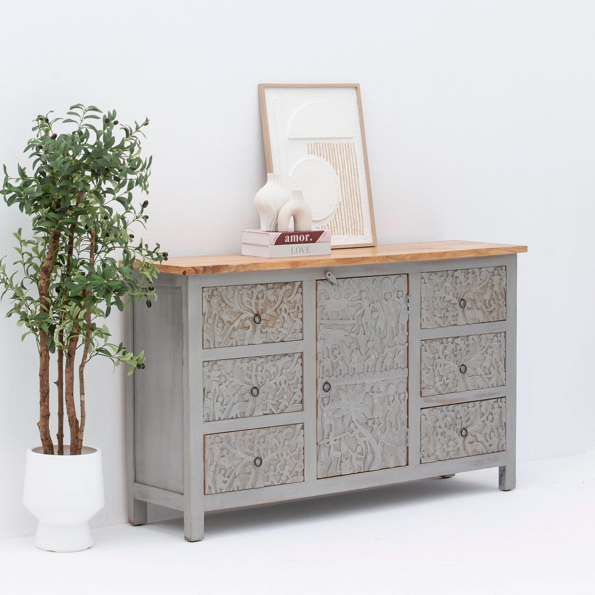 CARVING SIX DRAWER ONE DOOR SIDEBOARD - Art and craft furniture