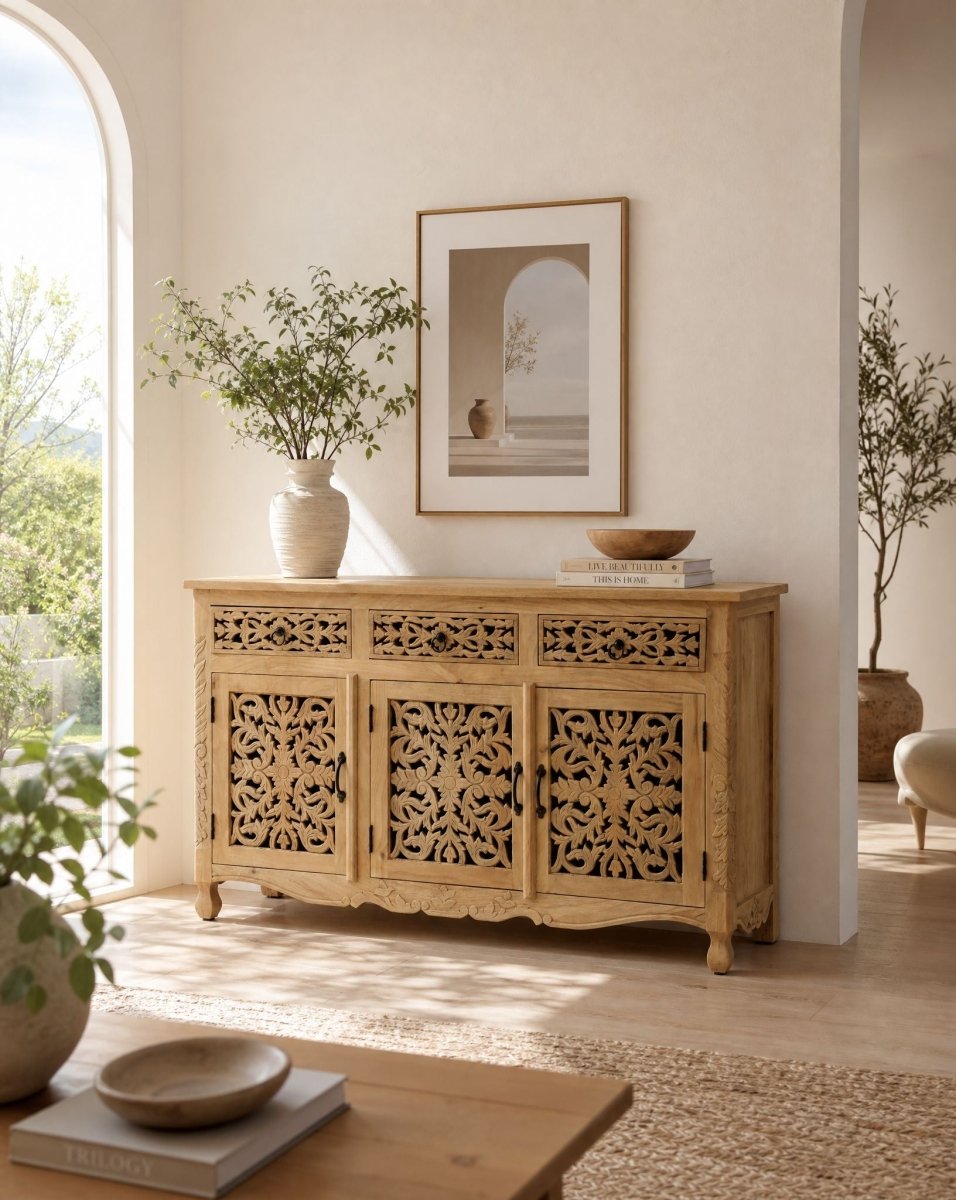 Carving Wooden Three Door Sideboard - Art and craft furniture