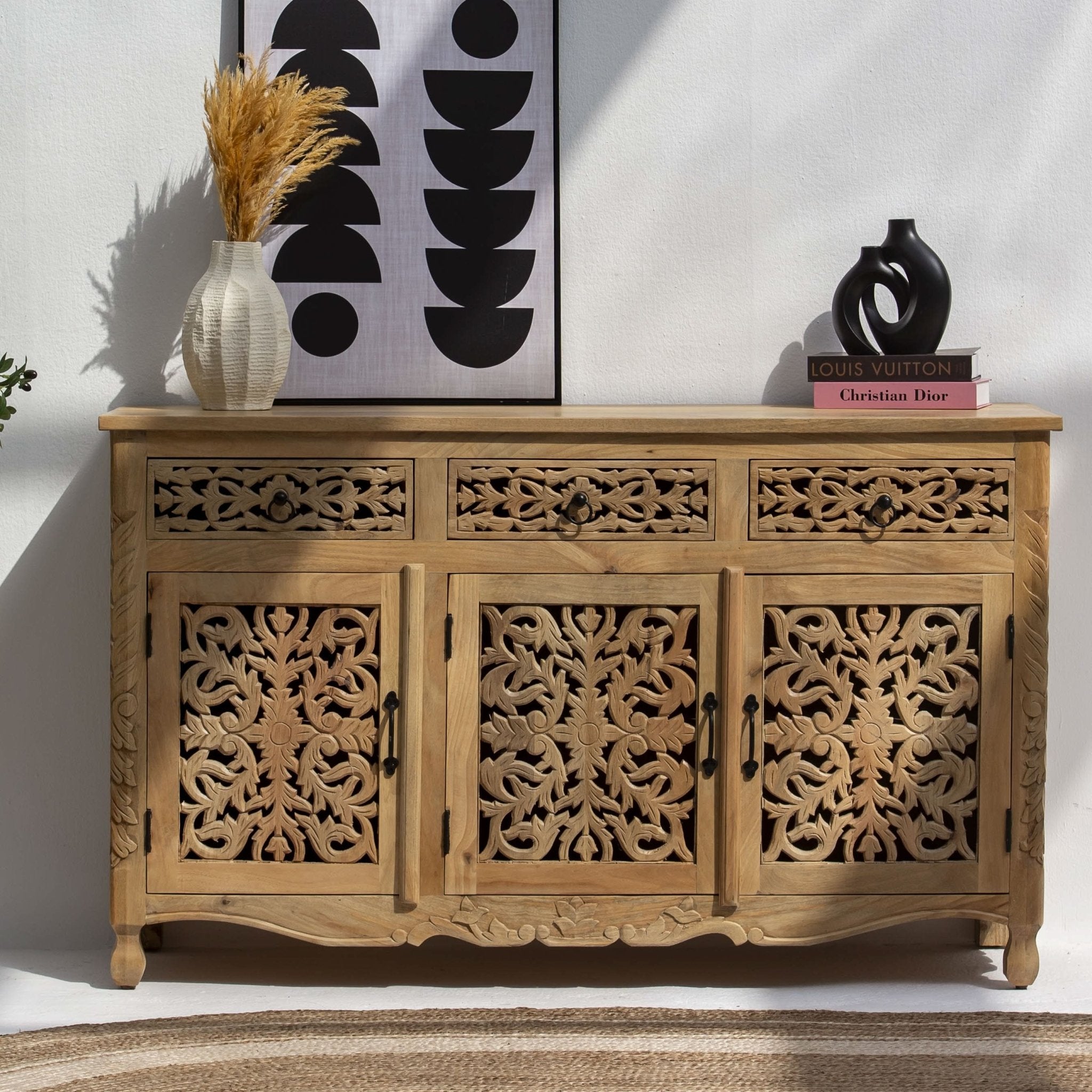 CARVING WOODEN THREE DRAWER THREE DOOR SIDEBOARD - Art and craft furniture