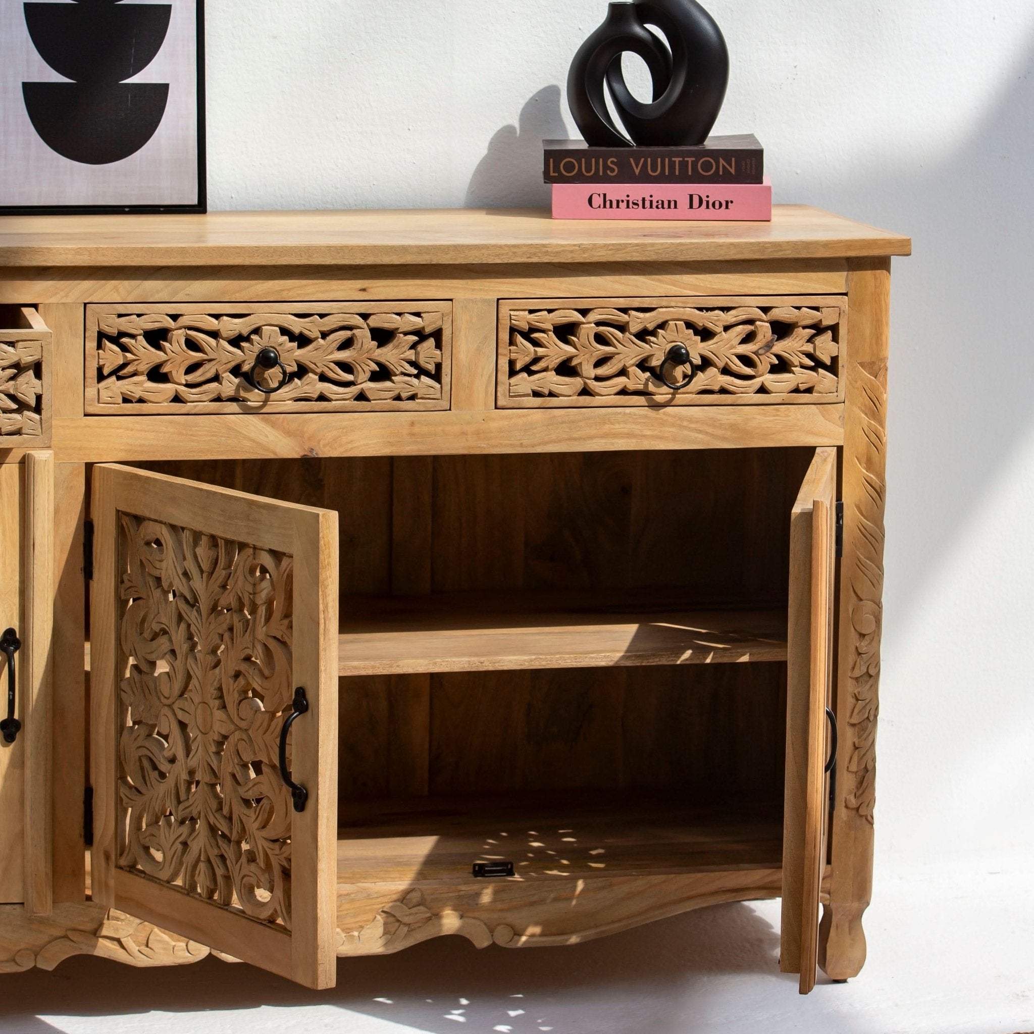 CARVING WOODEN THREE DRAWER THREE DOOR SIDEBOARD - Art and craft furniture
