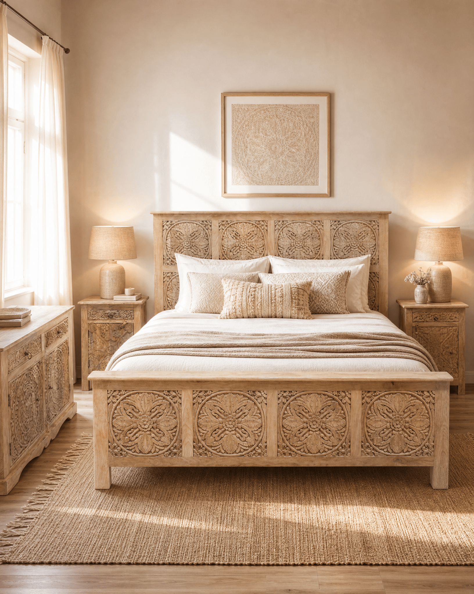 CHAKRA CARVED MANGO WOOD BED - Art and craft furniture