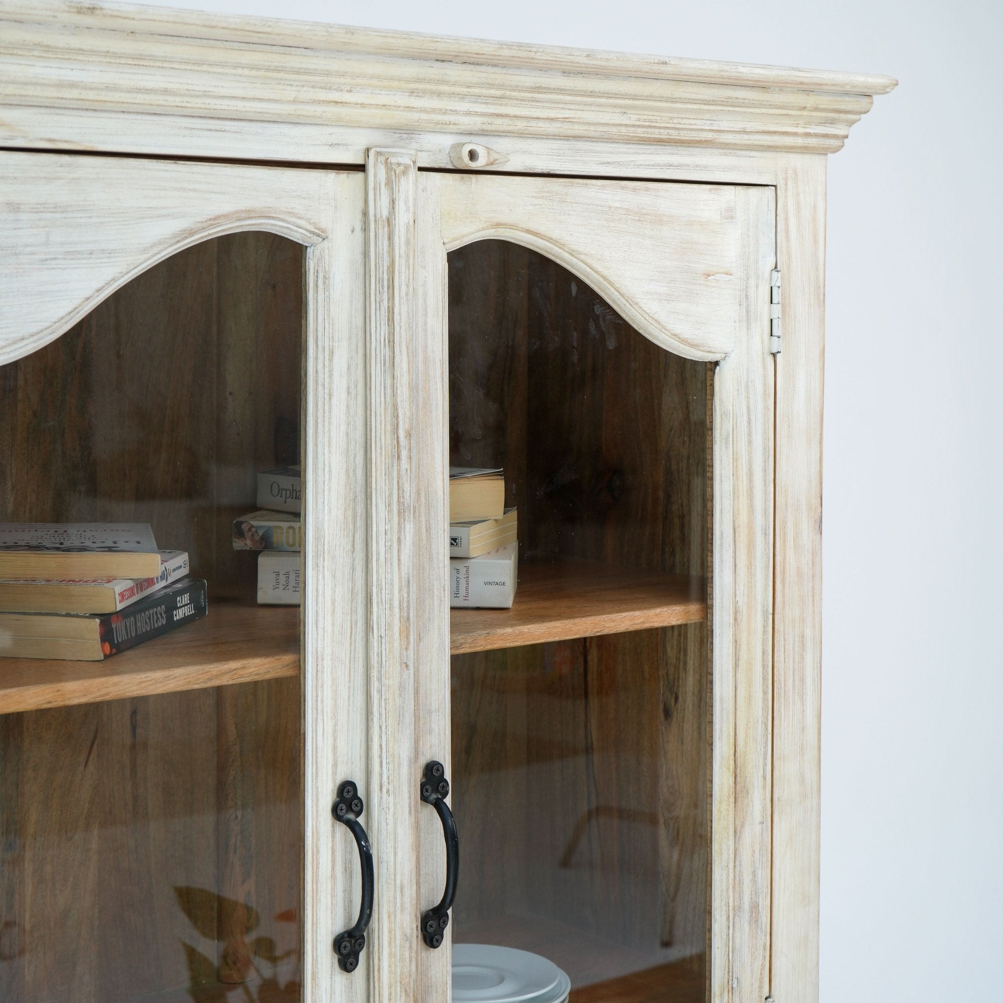 CHARM GLASS DOOR MANGO WOOD CARVED CABINET - Art and craft furniture