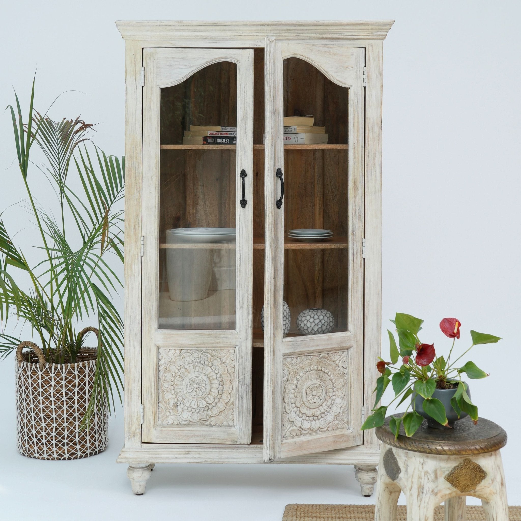CHARM GLASS DOOR MANGO WOOD CARVED CABINET - Art and craft furniture