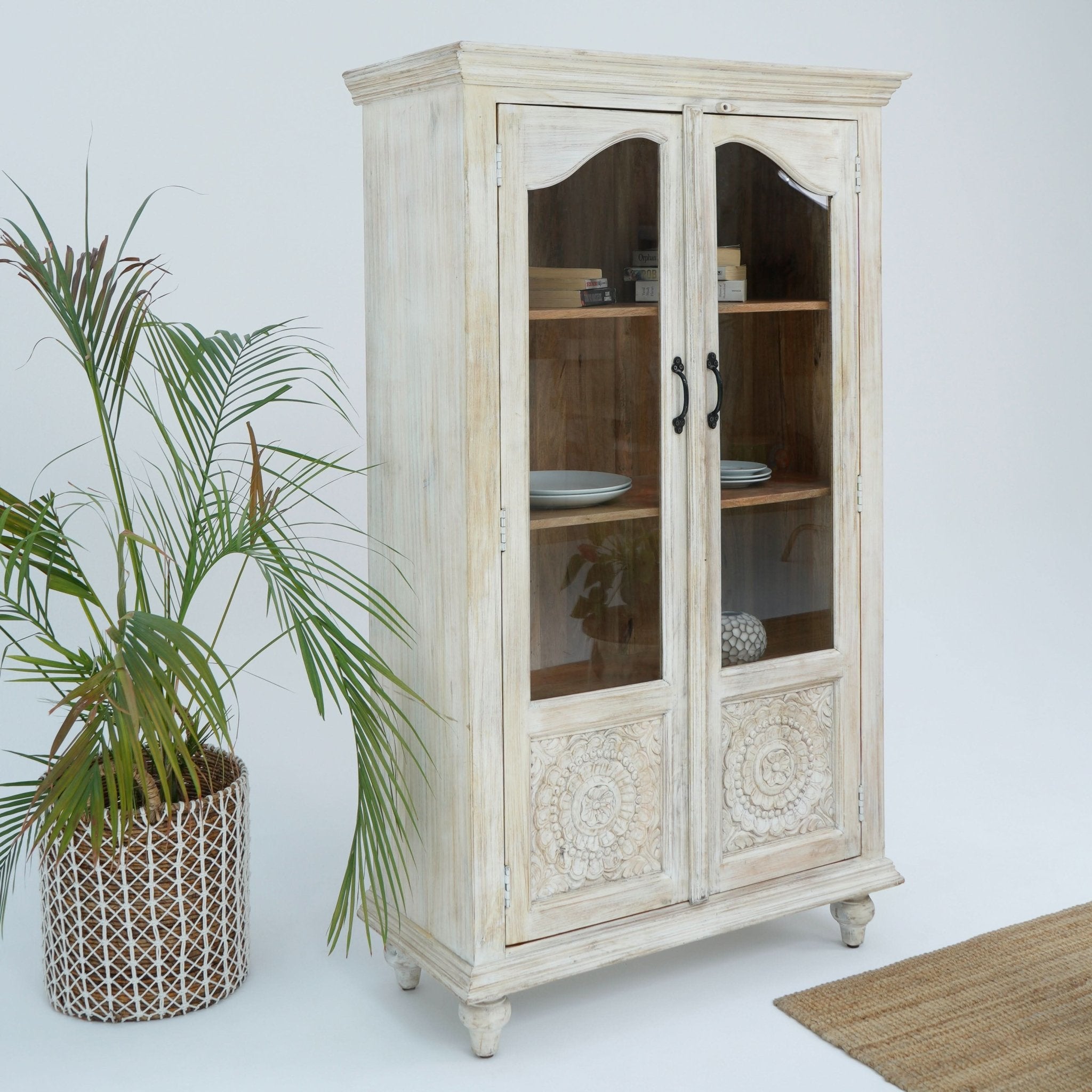 CHARM GLASS DOOR MANGO WOOD CARVED CABINET - Art and craft furniture