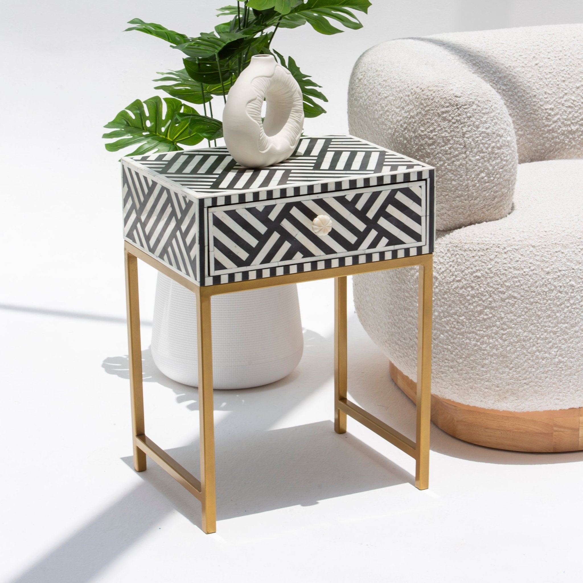 CRAFTLINE-BLACK INLAY ONE DRAWER BEDSIDE TABLE - Art and craft furniture
