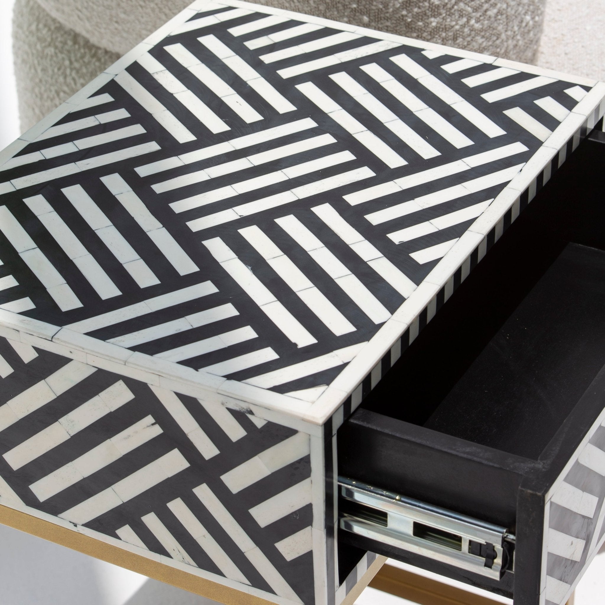 CRAFTLINE-BLACK INLAY ONE DRAWER BEDSIDE TABLE - Art and craft furniture