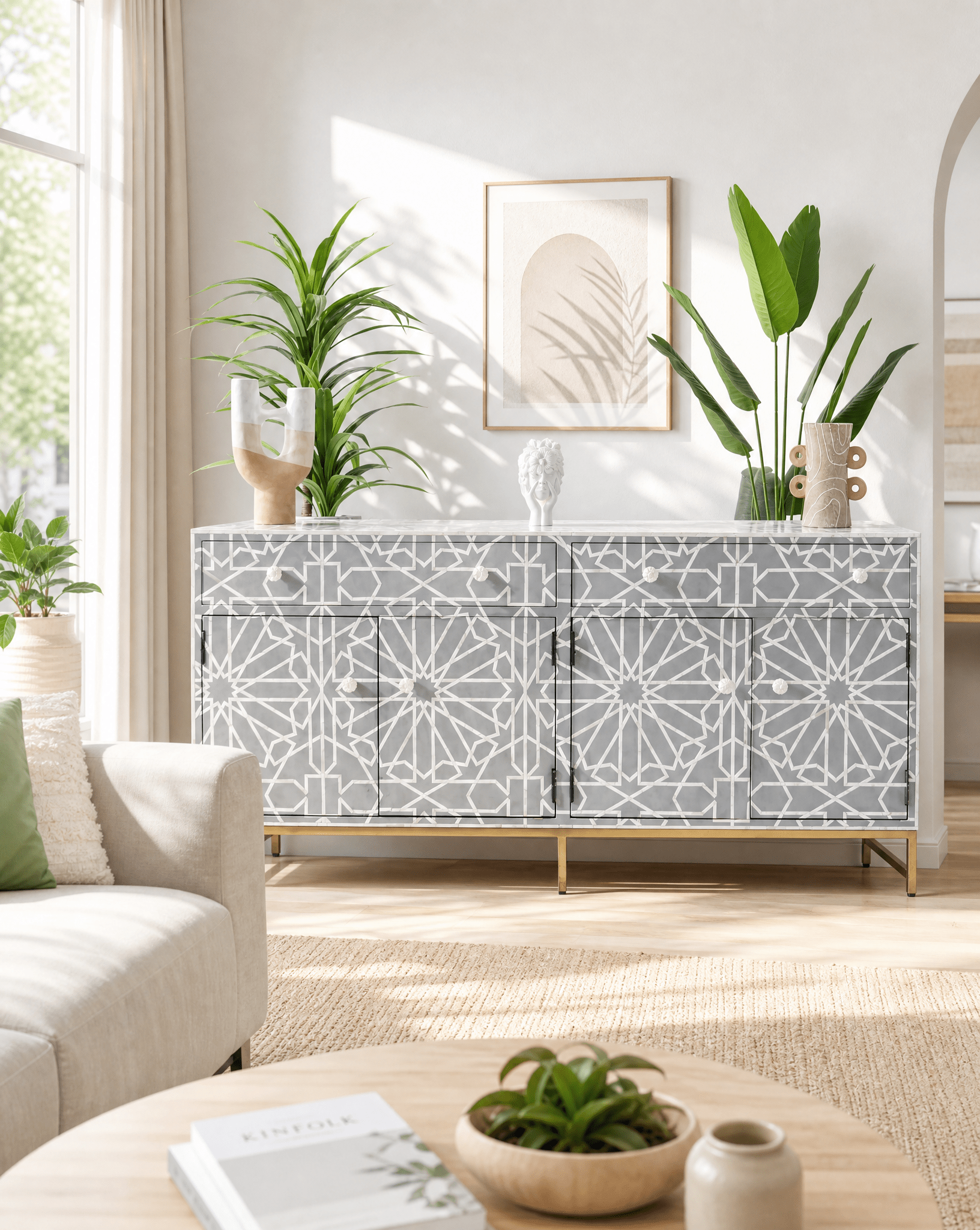 CRAFTLINE-GREY INLAY FOUR DRAWER DOOR SIDEBOARD - Art and craft furniture