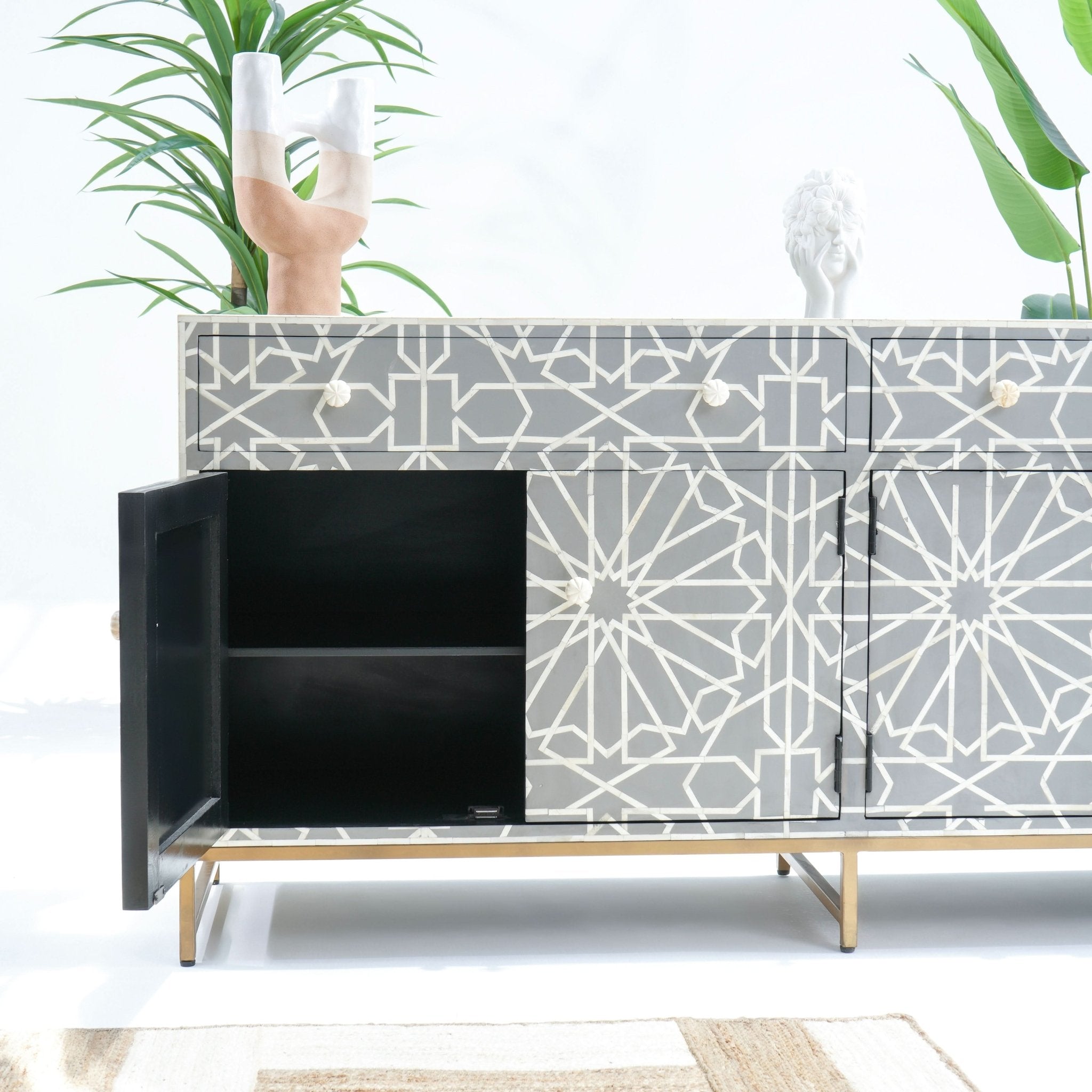 CRAFTLINE-GREY INLAY FOUR DRAWER DOOR SIDEBOARD - Art and craft furniture