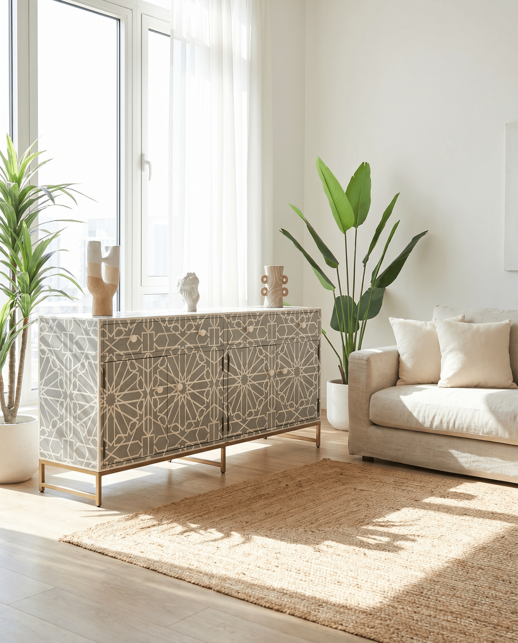 CRAFTLINE-GREY INLAY FOUR DRAWER DOOR SIDEBOARD - Art and craft furniture
