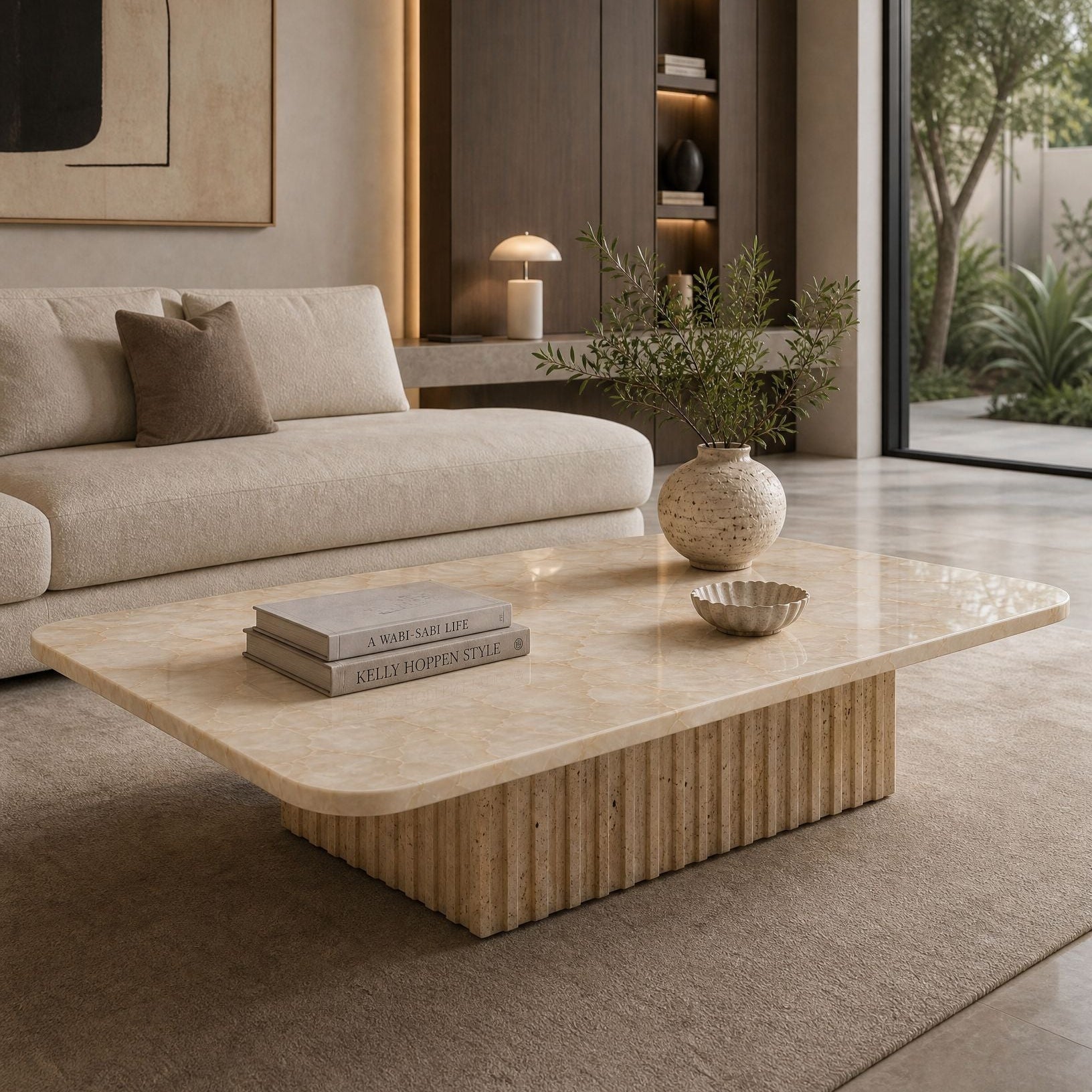 Crema Spider Coffee Table with Beige Travertine Striped Base - Art and craft furniture