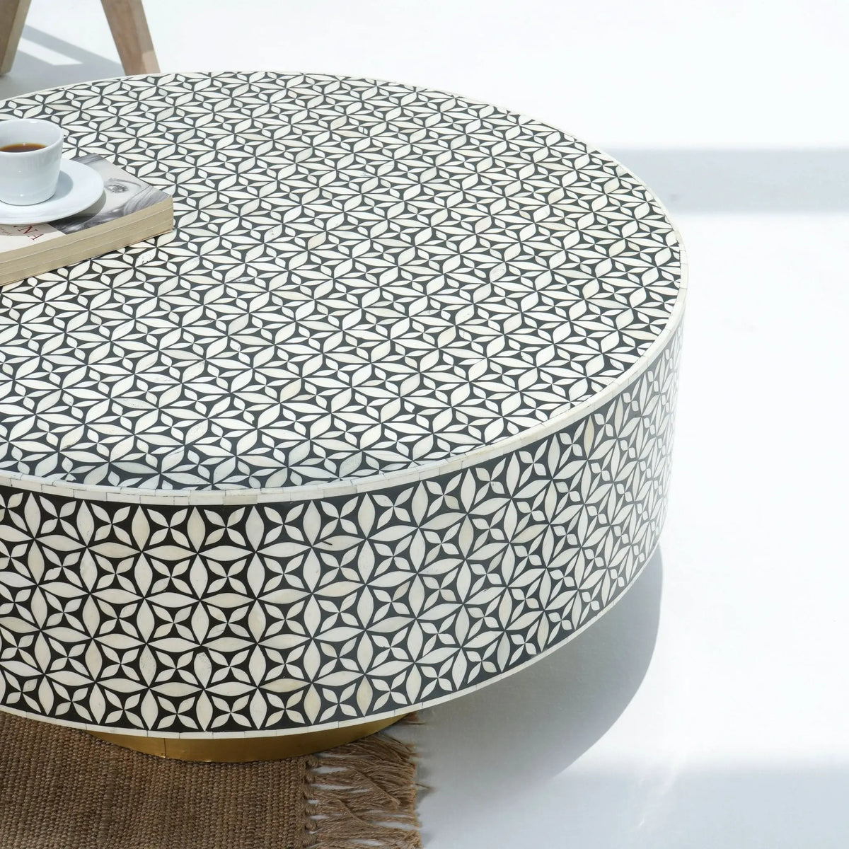 Crystal Black Inlay Round Coffee Table - Art and craft furniture