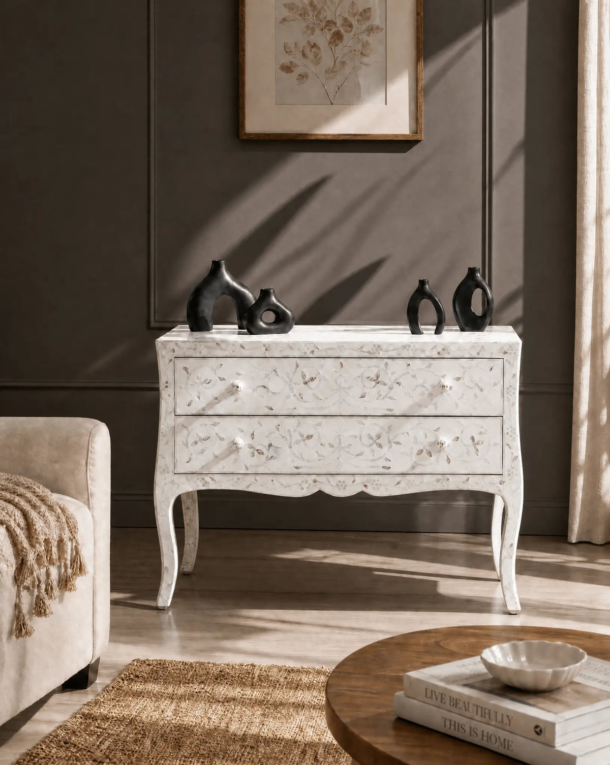 Crystal White Mother of Pearl Two Drawer Chest - Art and craft furniture