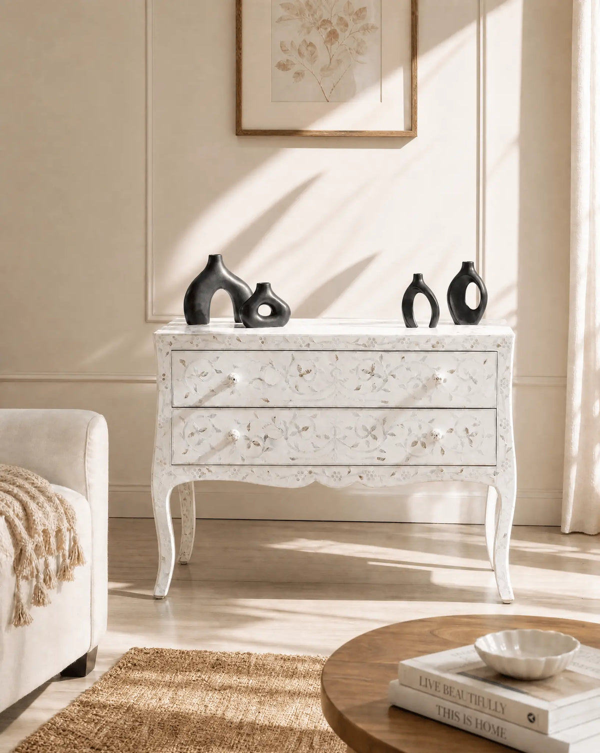 Crystal White Mother of Pearl Two Drawer Chest - Art and craft furniture