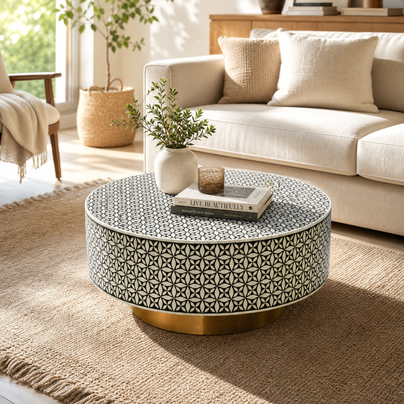 Living room with a patterned coffee table, beige sofa, and decorative items.