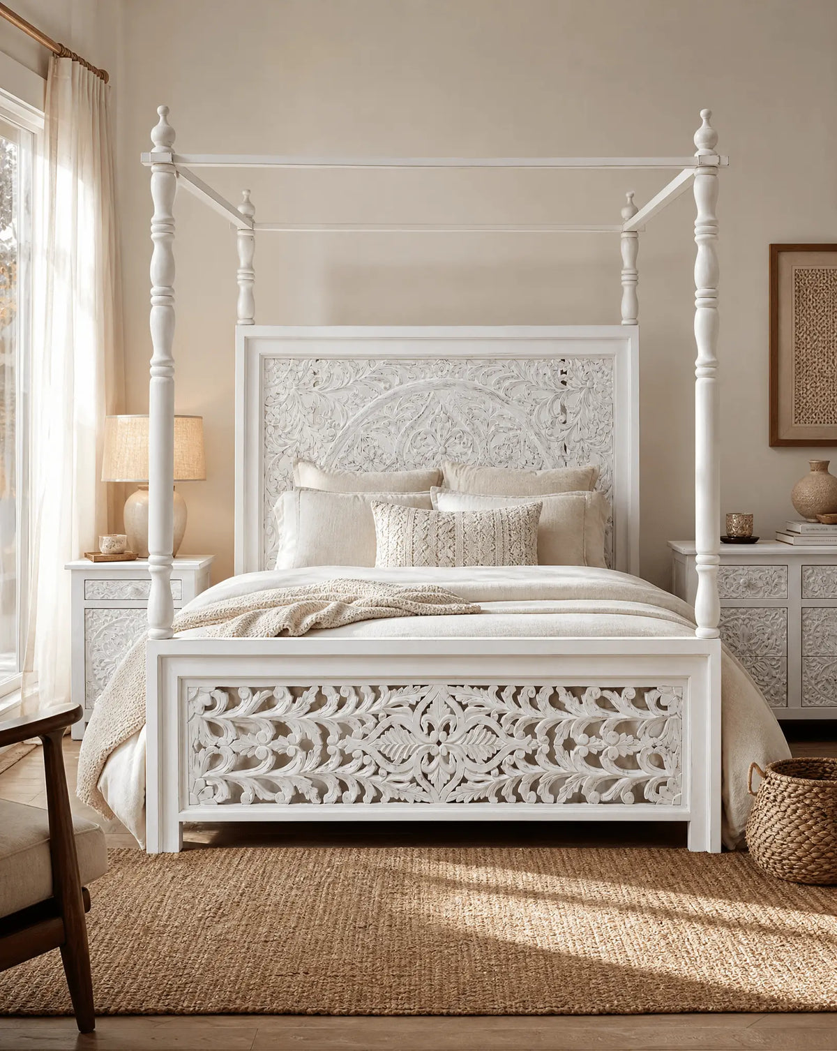 Dabora Carved Four Poster Wooden Bed - Art and craft furniture