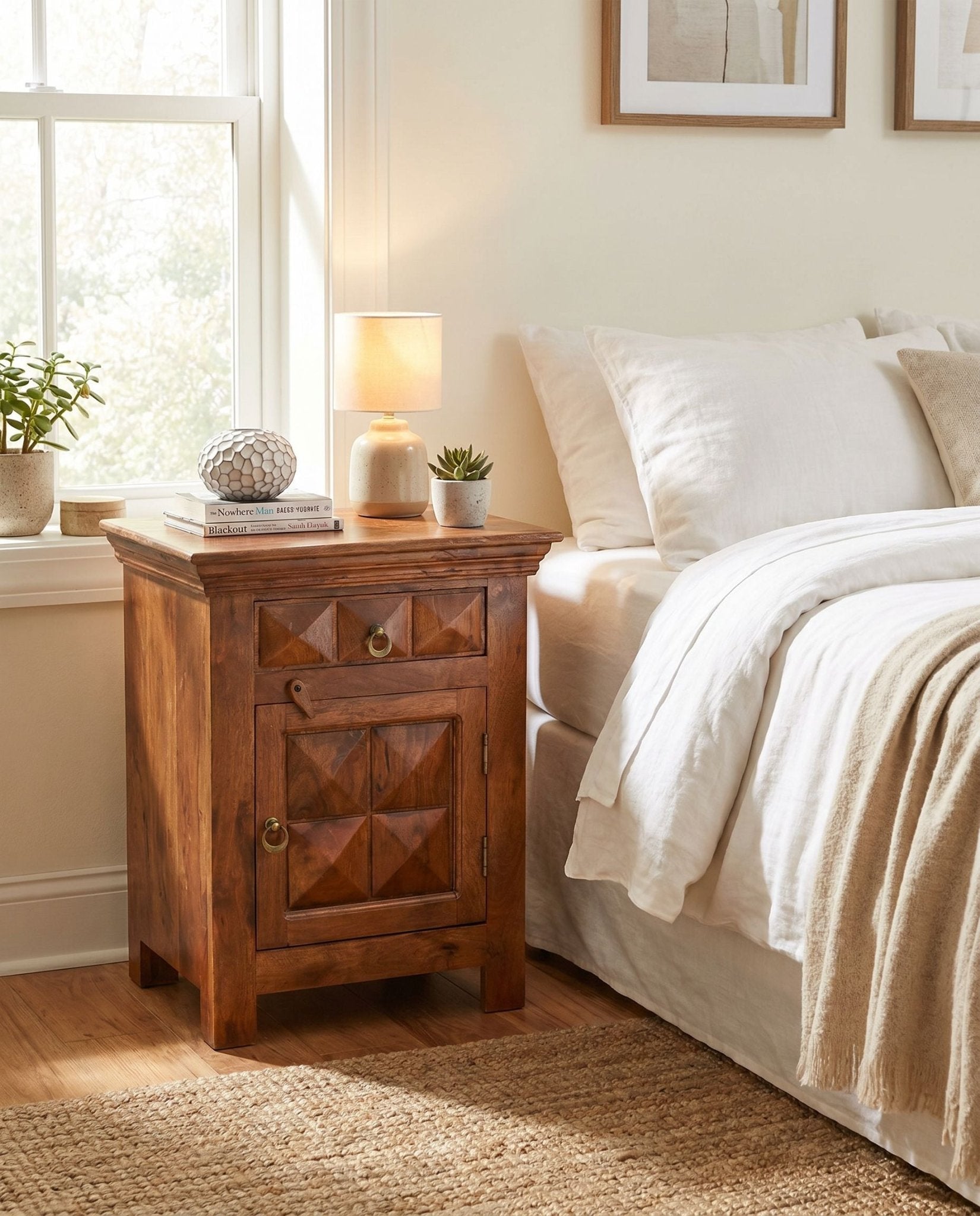 Diamond Rose Wood Nightstand Table - Art and craft furniture