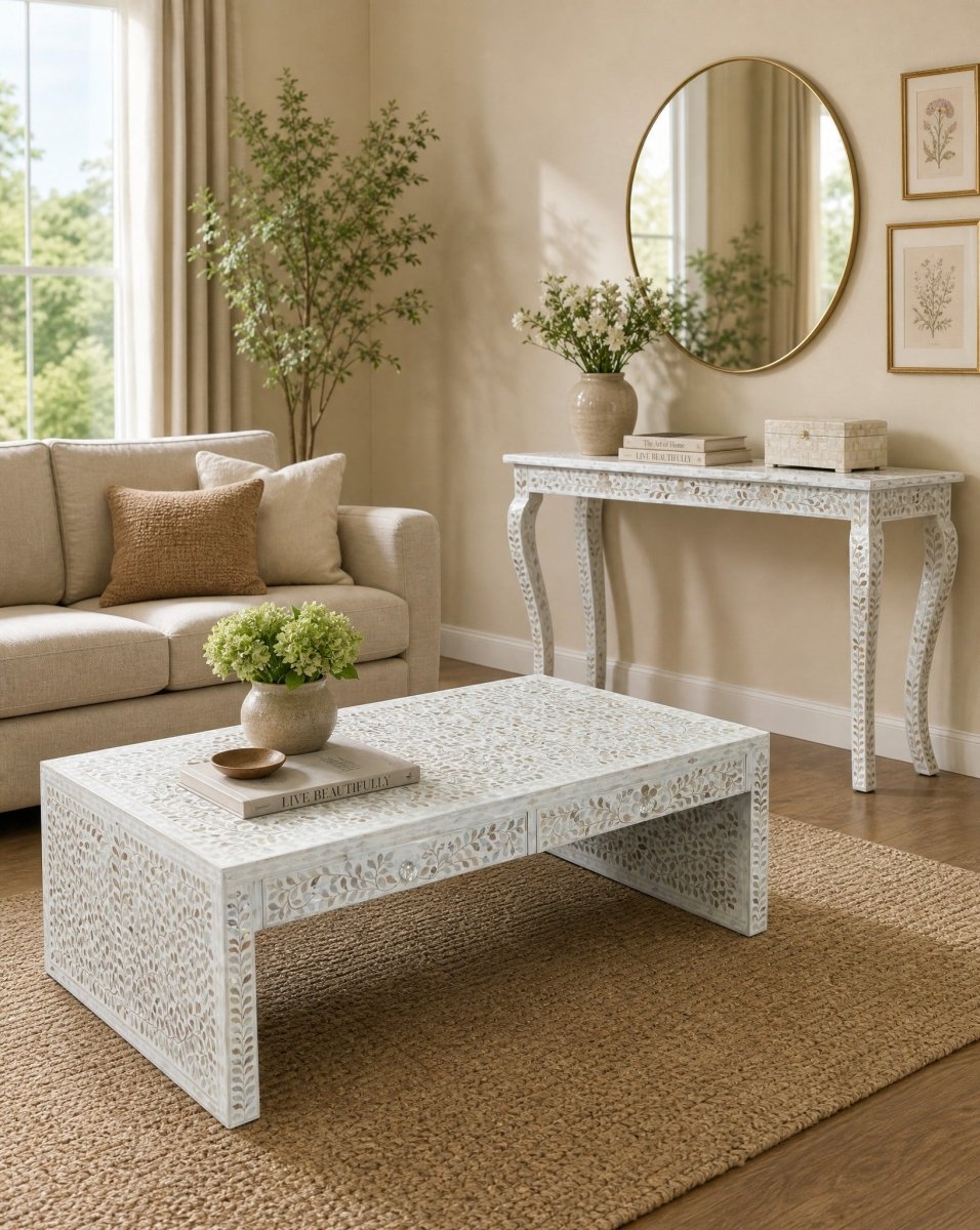Ellison White Mother Of Pearl 2 Drawer Coffee Table - Art and craft furniture
