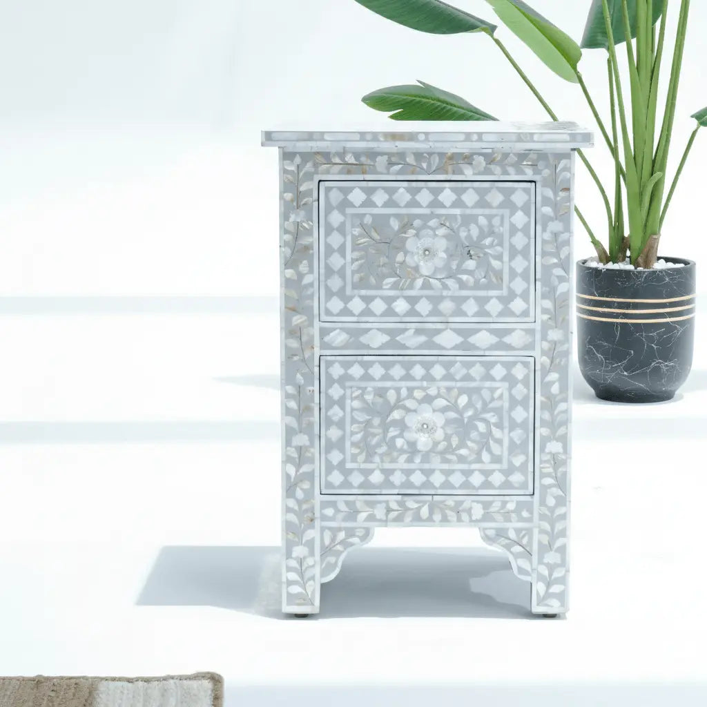 Floral Grey Mother Of Pearl Bedside Table - Art and craft furniture