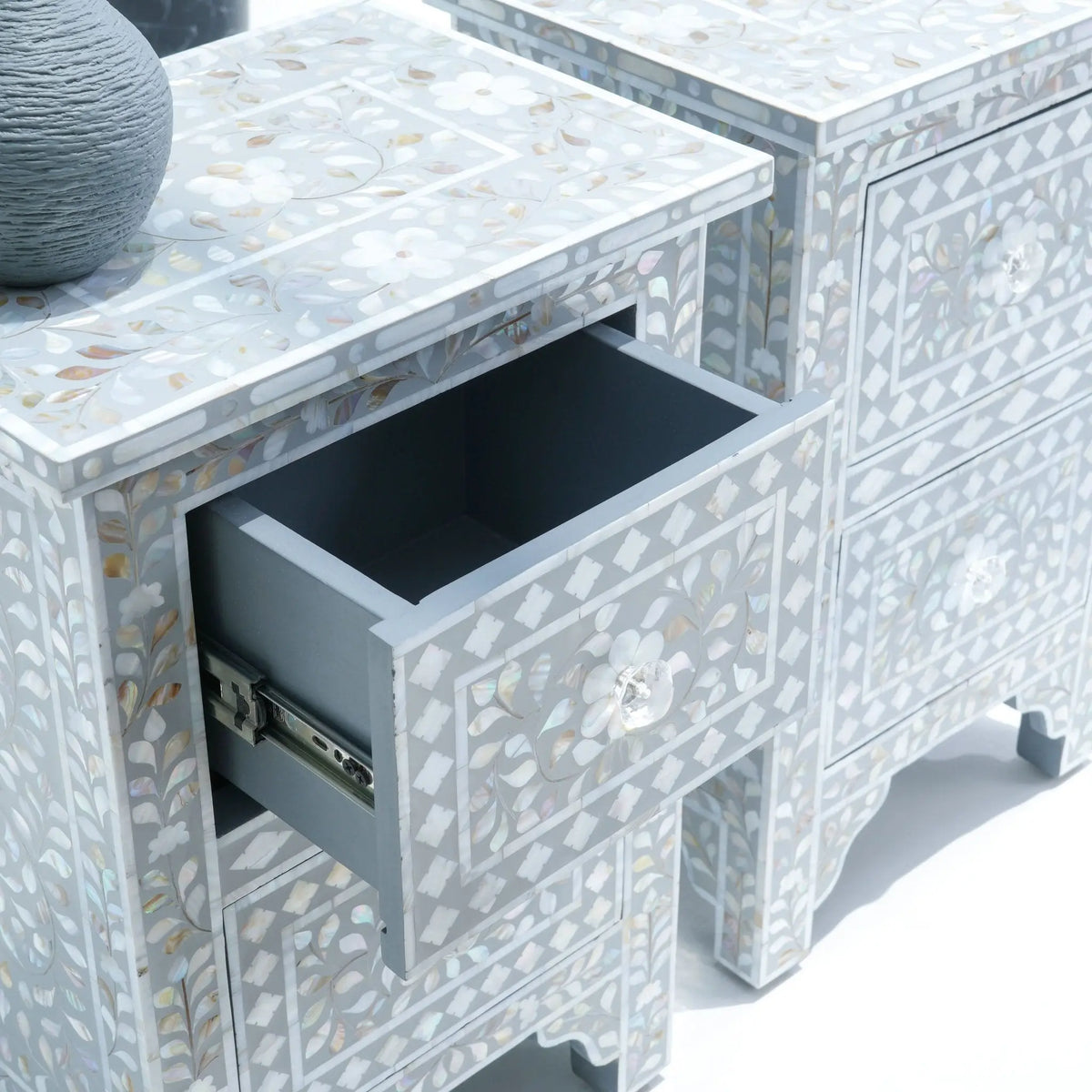 Floral Grey Mother Of Pearl Bedside Table - Art and craft furniture