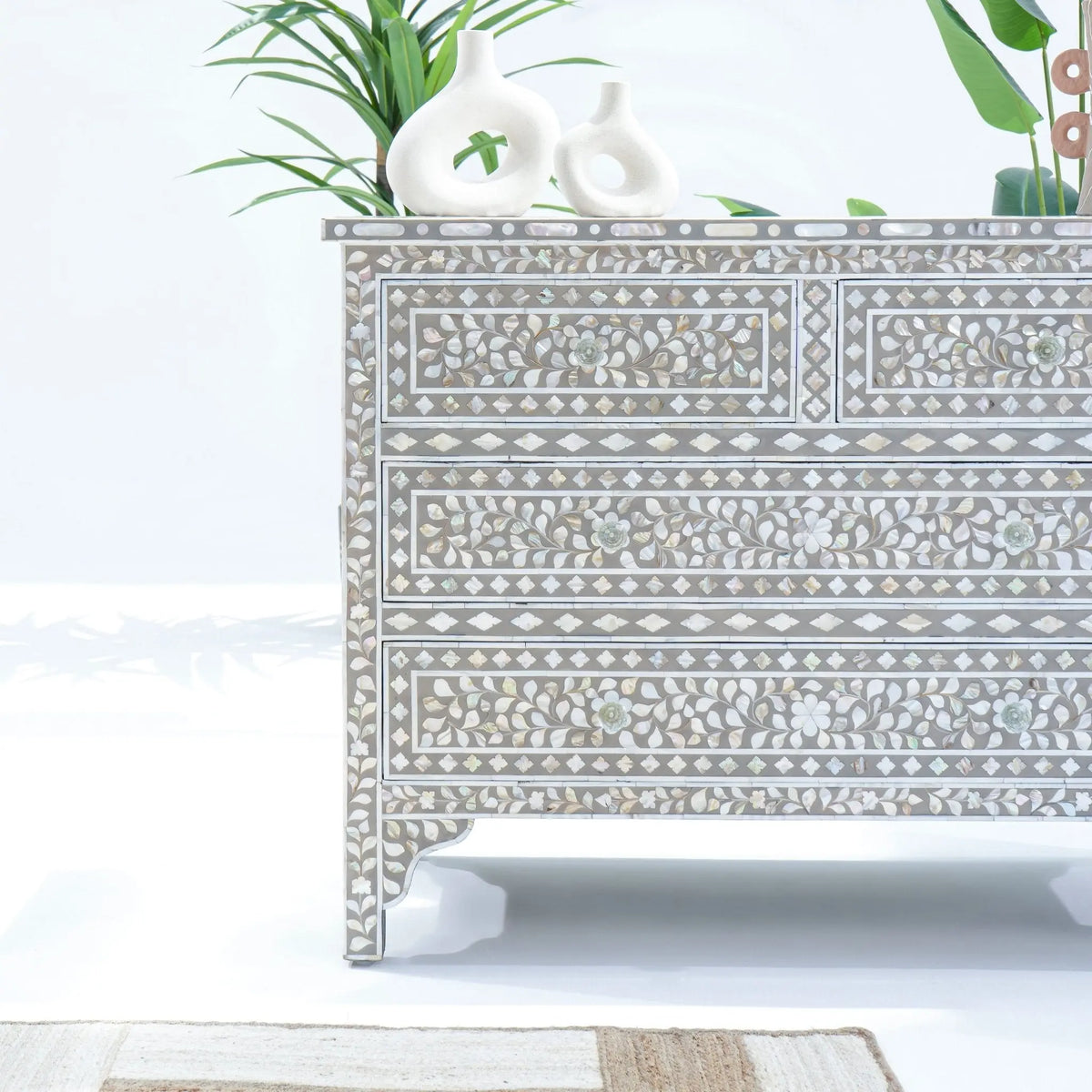 Floral Grey Mother Of Pearl Chest Of Drawer - Art and craft furniture