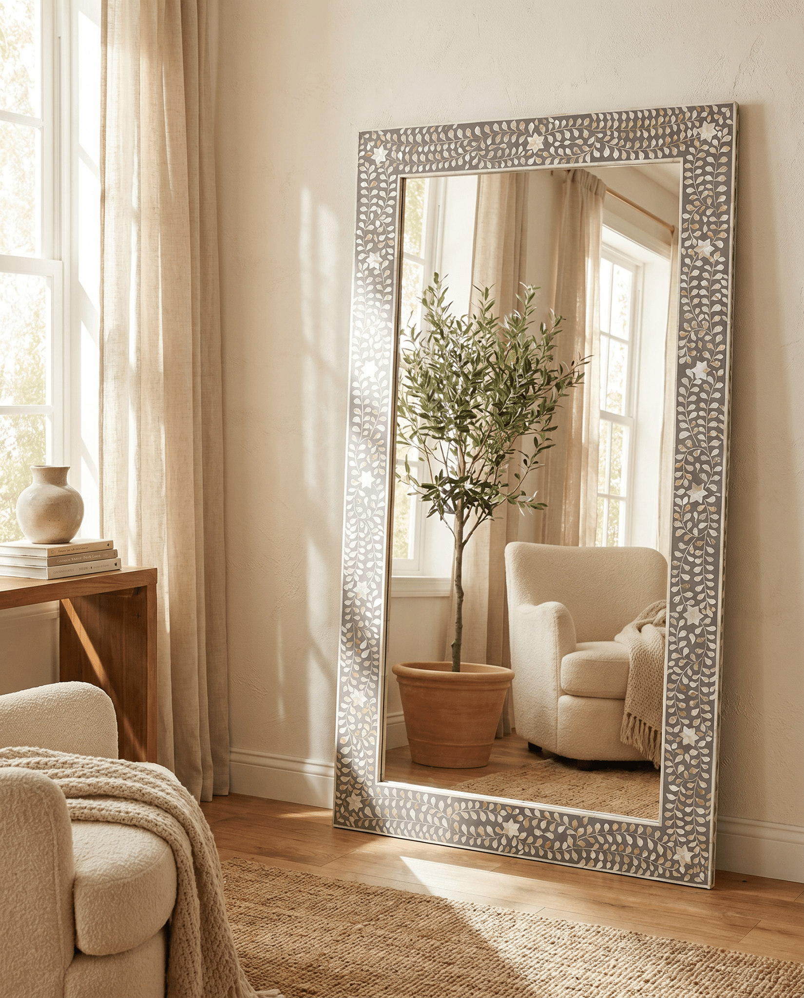 FLORAL GREY MOTHER OF PEARL MIRROR FRAME - Art and craft furniture