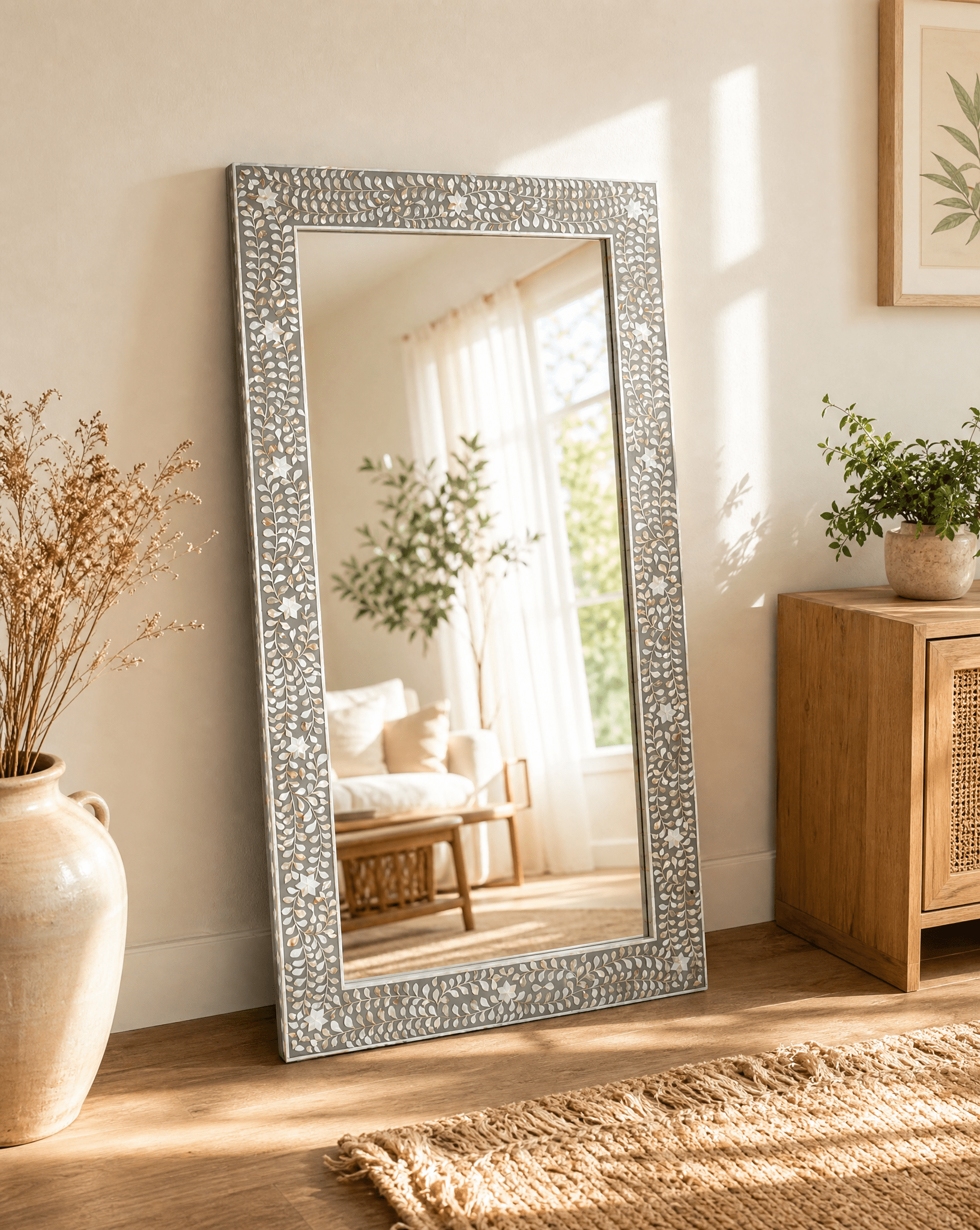 FLORAL GREY MOTHER OF PEARL MIRROR FRAME - Art and craft furniture