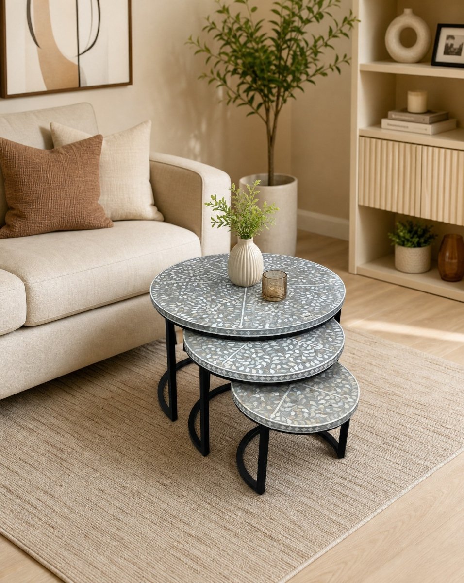 Floral Grey Mother Of Pearl Nesting Table - Art and craft furniture