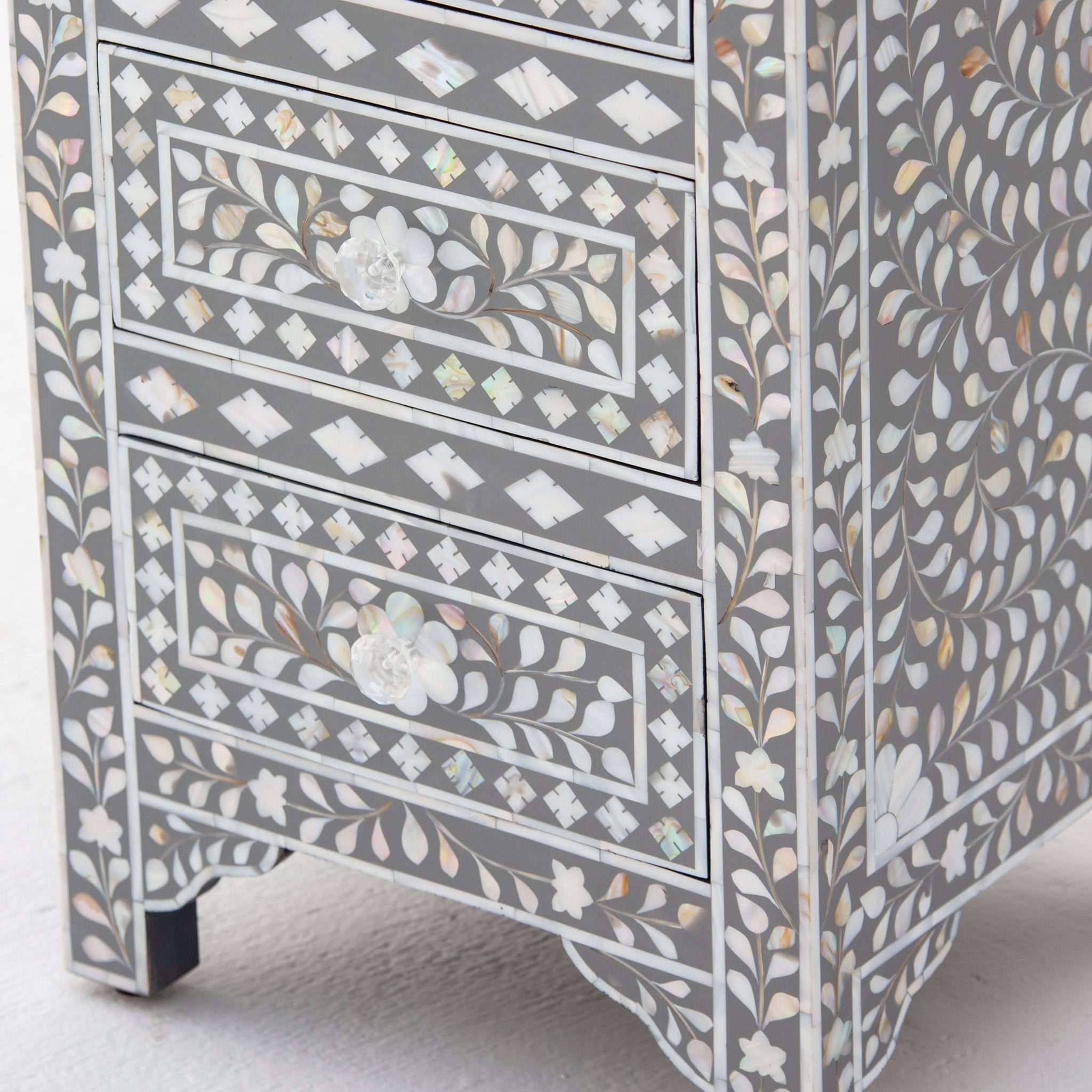 FLORAL-GREY MOTHER OF PEARL THREE DRAWER BEDSIDE TABLE - Art and craft furniture