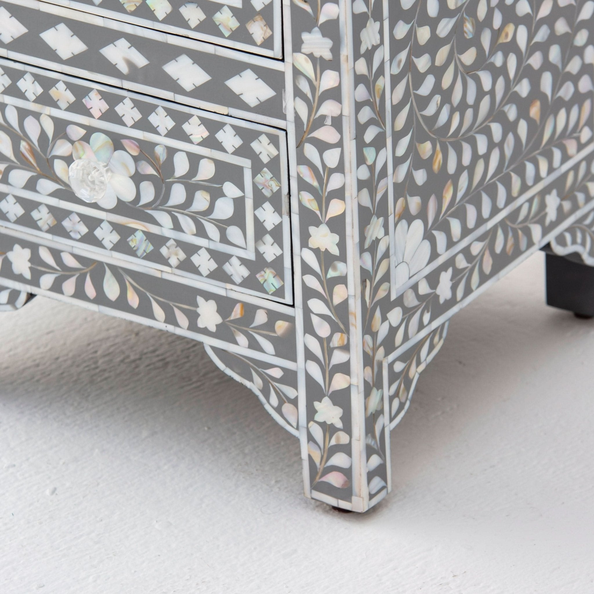 FLORAL-GREY MOTHER OF PEARL THREE DRAWER BEDSIDE TABLE - Art and craft furniture