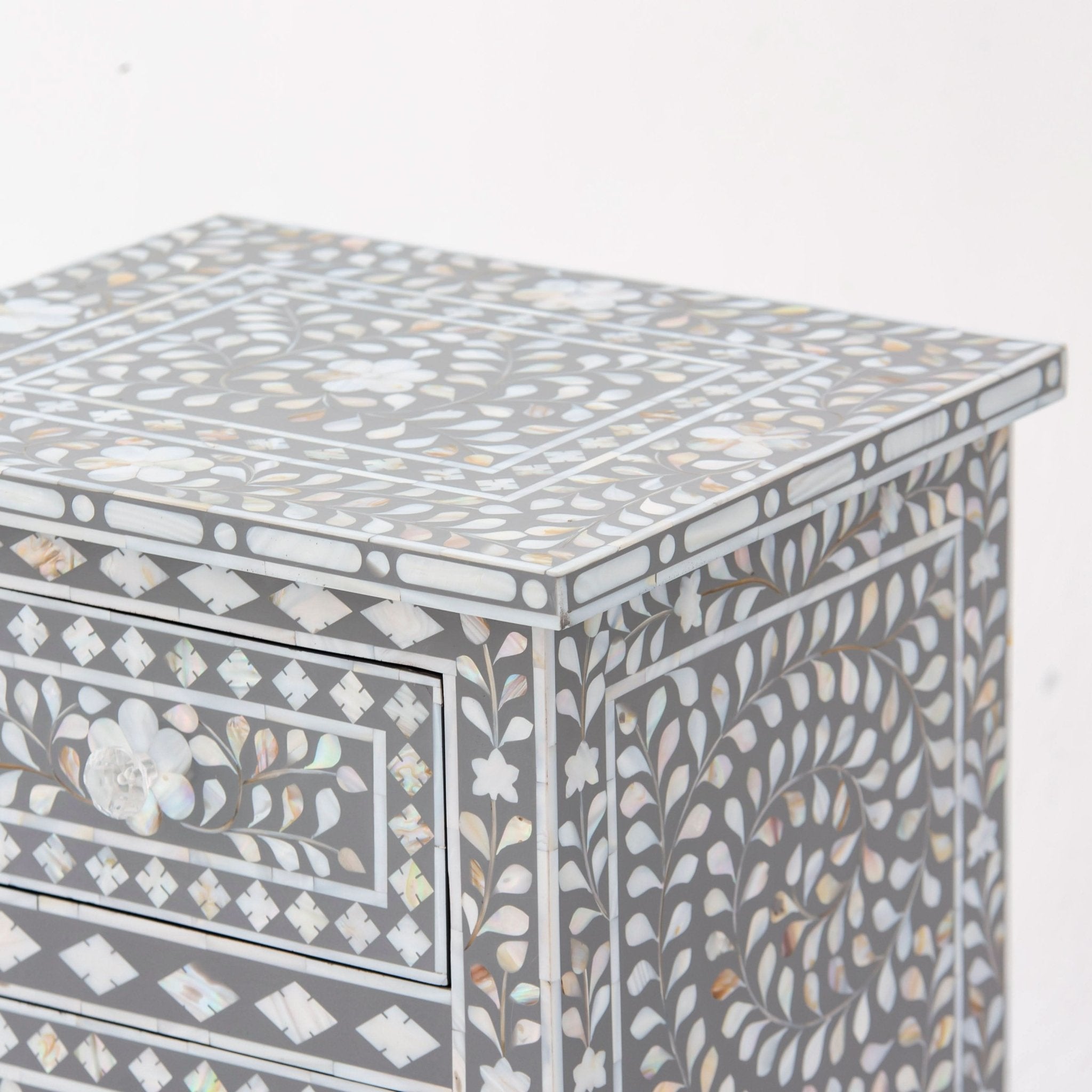 FLORAL-GREY MOTHER OF PEARL THREE DRAWER BEDSIDE TABLE - Art and craft furniture