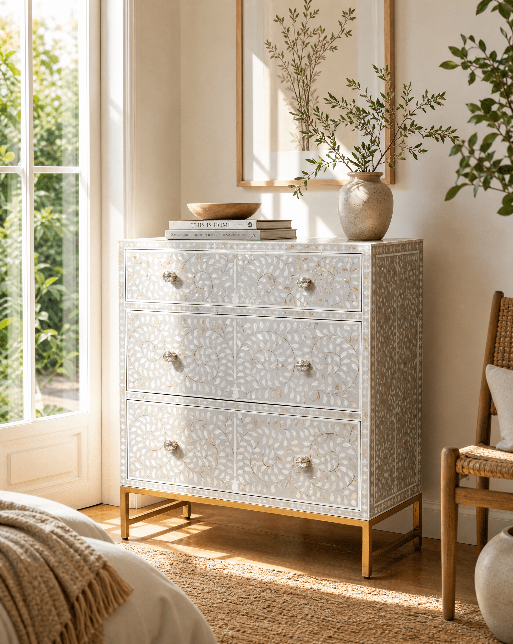 FLORAL-GREY MOTHER OF PEARL THREE DRAWER CHEST OF DRAWER - Art and craft furniture